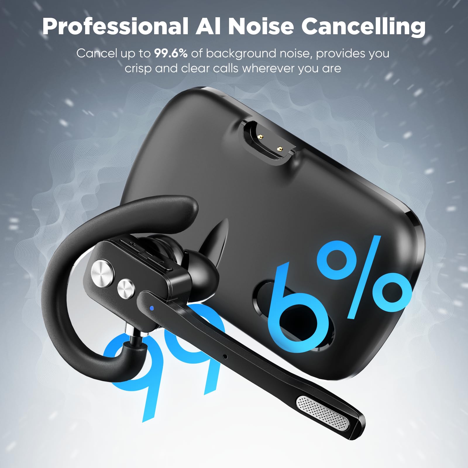 ICOMTOFIT Bluetooth Headset, Wireless Bluetooth Earpiece with Dual-Mic & Noise Canceling, V5.3 Hands-Free Single Ear Headset with Charging Case for Trucker, Office, Designed for Ergonomics