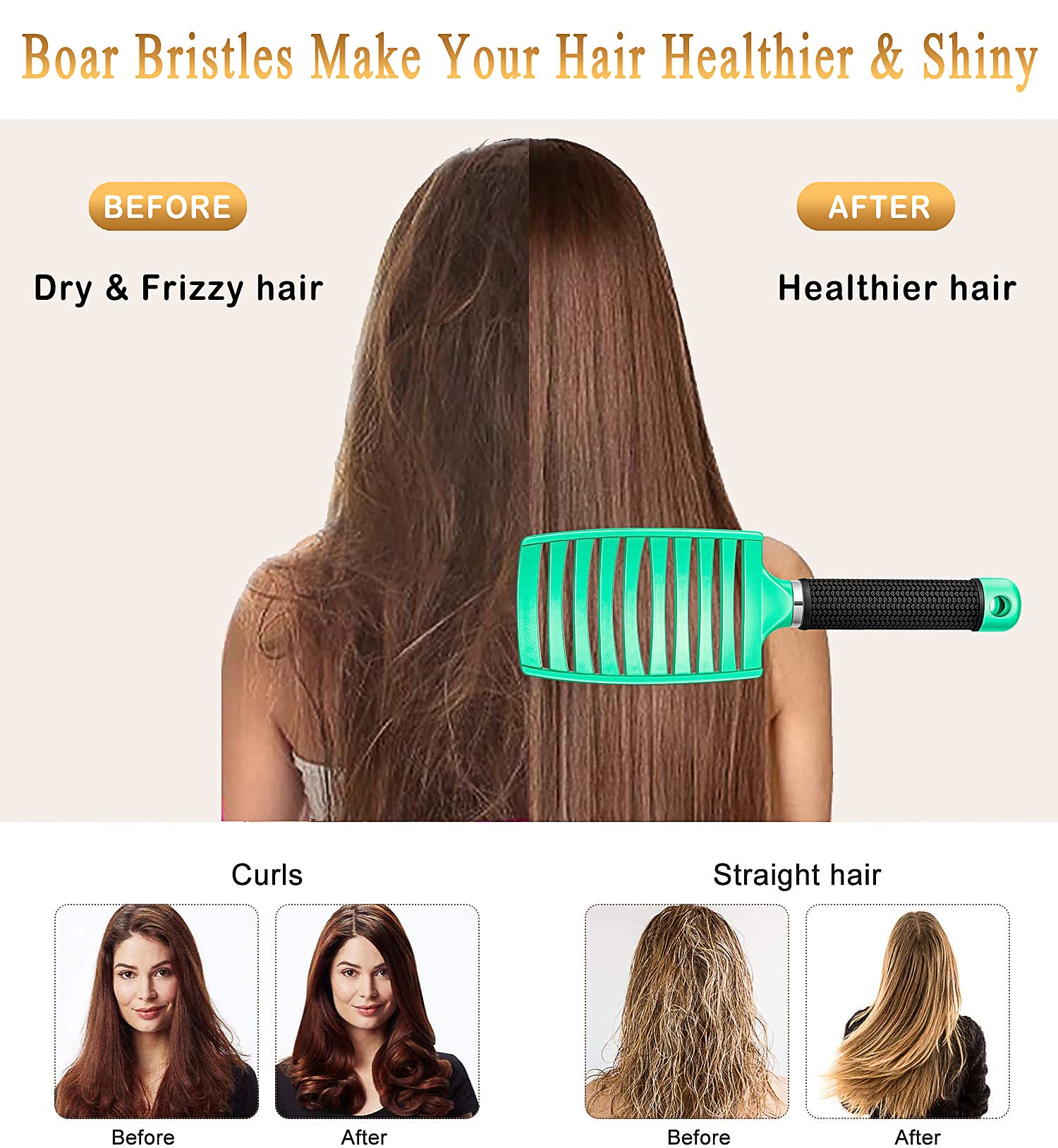 KTKUDY Detangling Brush Boar Bristles Hair Brush Make Hair Shiny & Healthier Curved and Vented Detangler Brush for Women Men Kids Wet & Dry Hair (Light green)