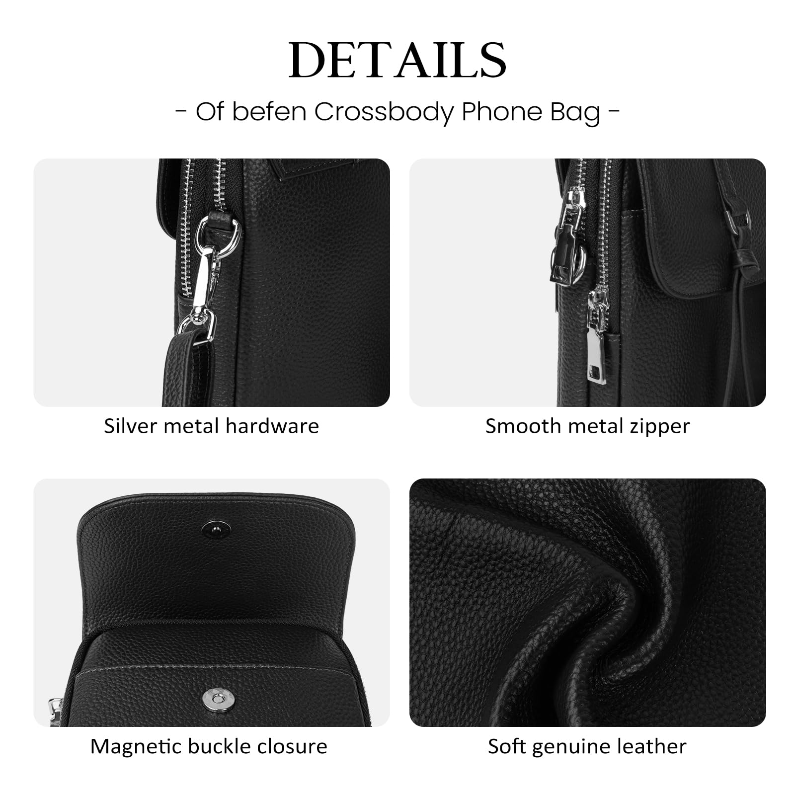 befen Black Genuine Leather Crossbody Purses for Women, Cell Phone Bags with RFID Pocket Small Women's Crossbody Handbags, Light Weight Shoulder Purses for Women