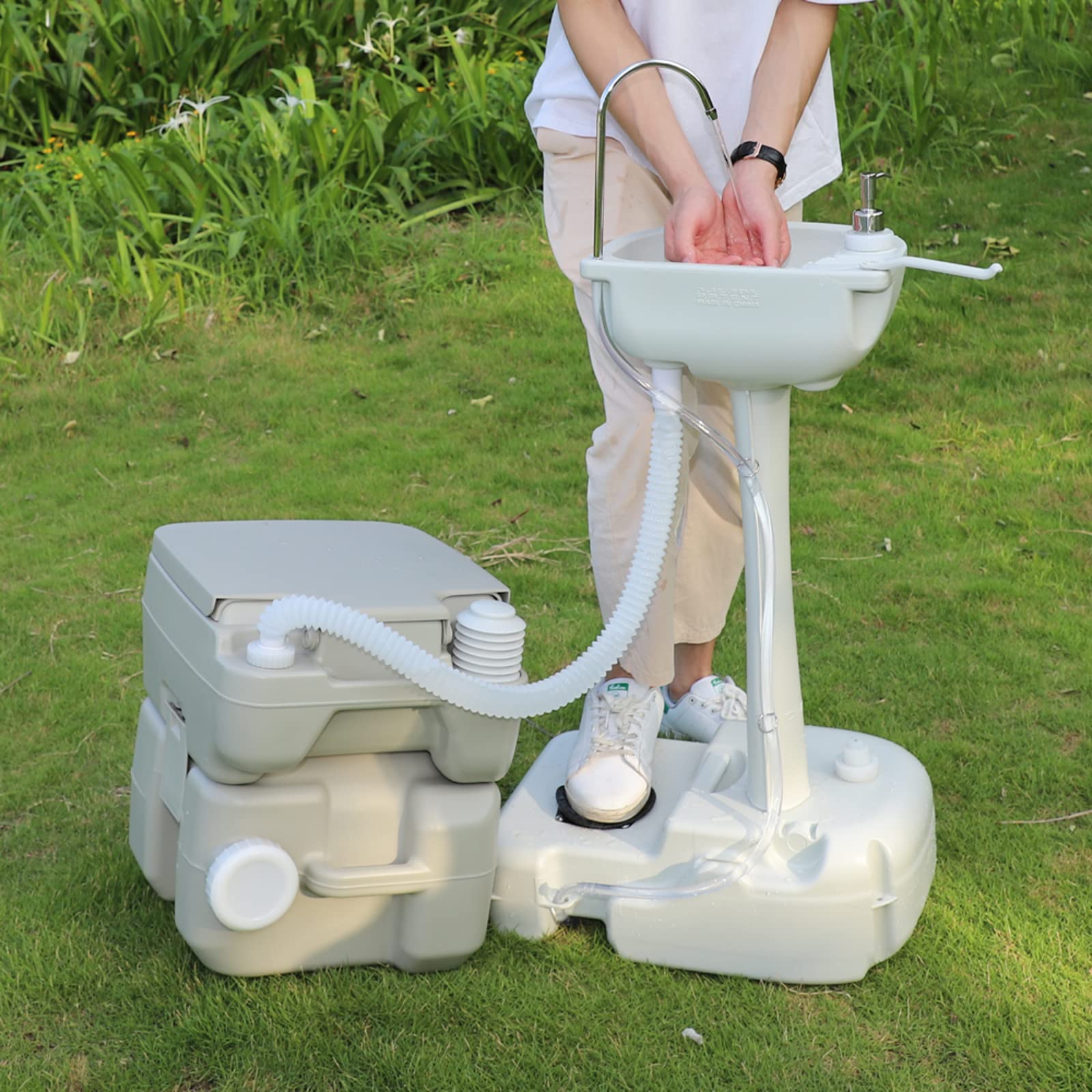Outvita Portable Sink and Toilet Combo, 5 Gallon Hand Washing Station & 5.3 gallon Flushing Toilet, Detachable Wastewater Recycled Perfect for Outdoor Camping RV Travel Boat