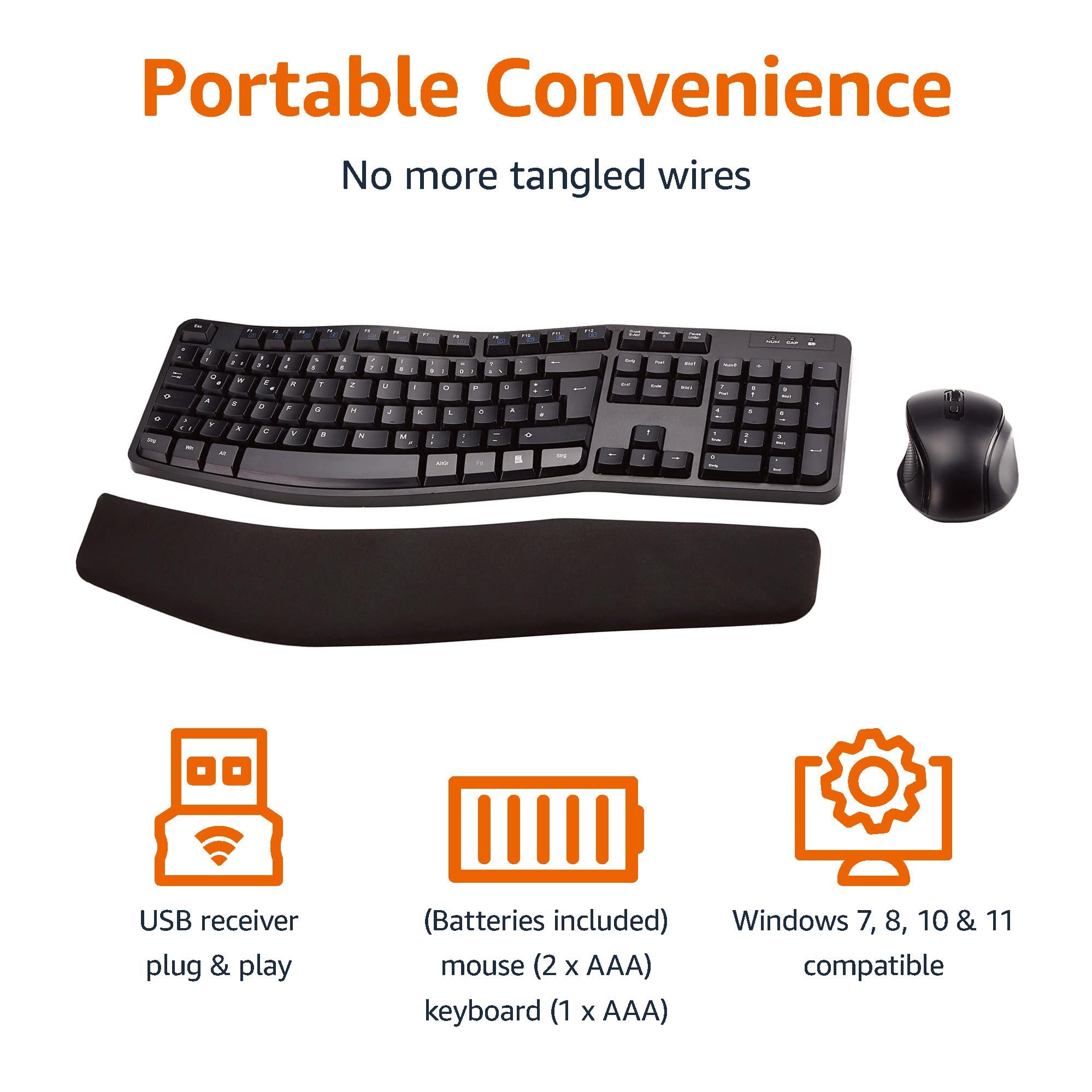 Amazon Basics Ergonomic Wireless Combo Full-Sized Keyboard with Palm Rest and Comfortable Right-Handed Mouse, 2.4 GHz Wireless USB Receiver, Compatible with PC, Laptop, Black