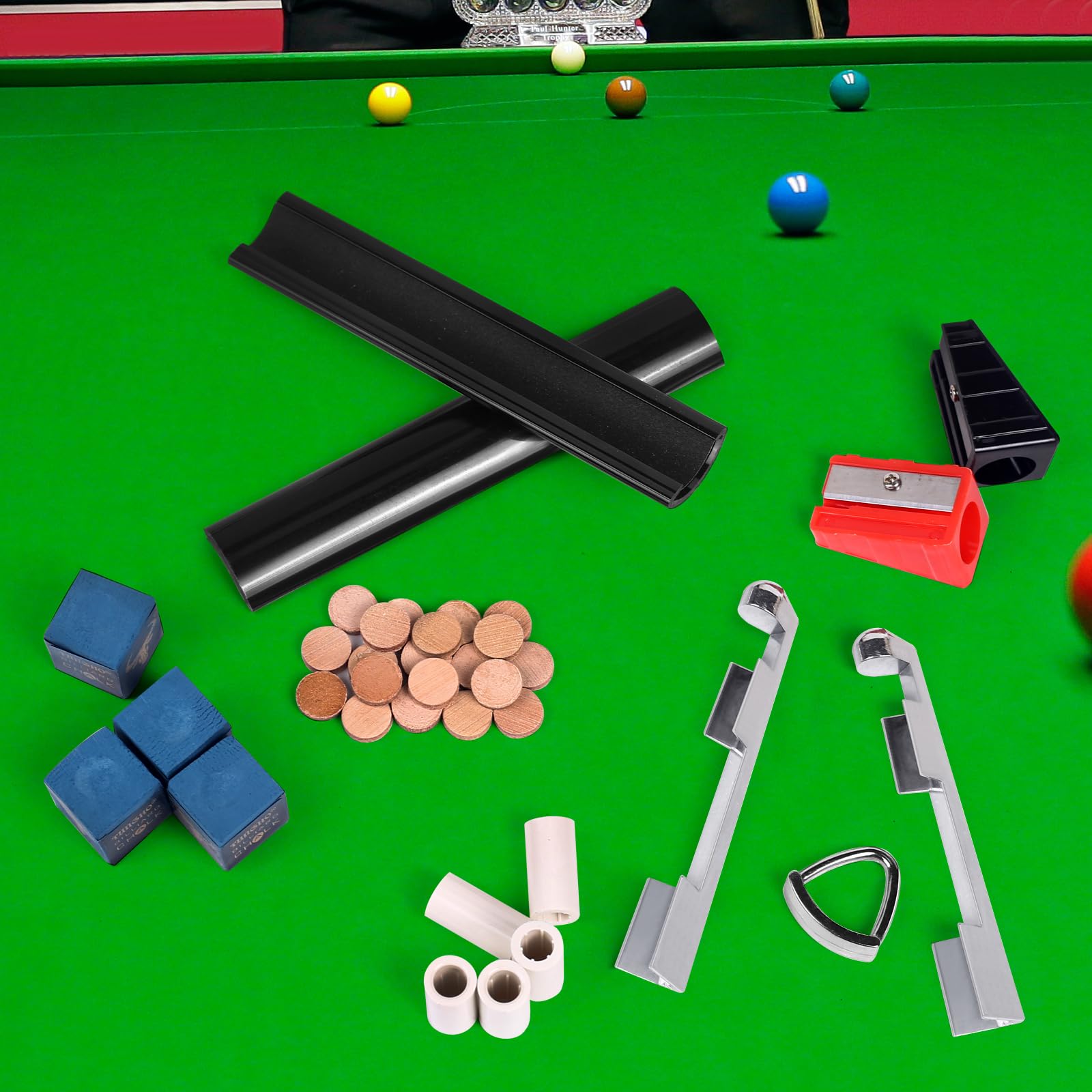 Vefungyan 38pcs Pool Cue Repair Kit: 2 Pool Cue Tip Clamp 20 Billiard Cue Tips 4 Shaper 5 Chalk Cubes 5 Pool Cue Repairers 2 Planers
