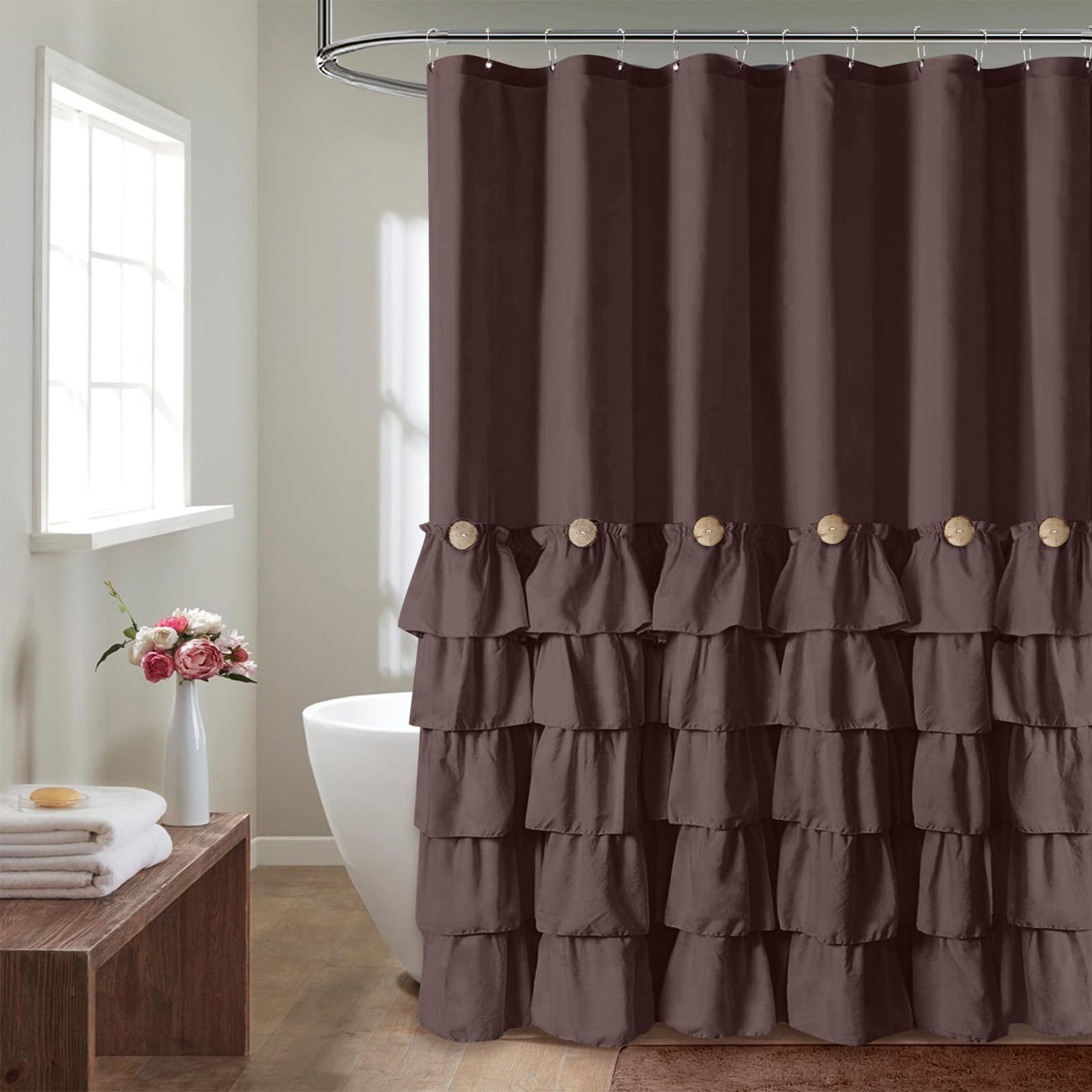 Seasonwood Brown Shower Curtains for Bathroom 72x72 Inch Dark Brown Ruffle Shower Curtain with Natural Buttons Farmhouse Style Microfiber Fabric Shower Curtains