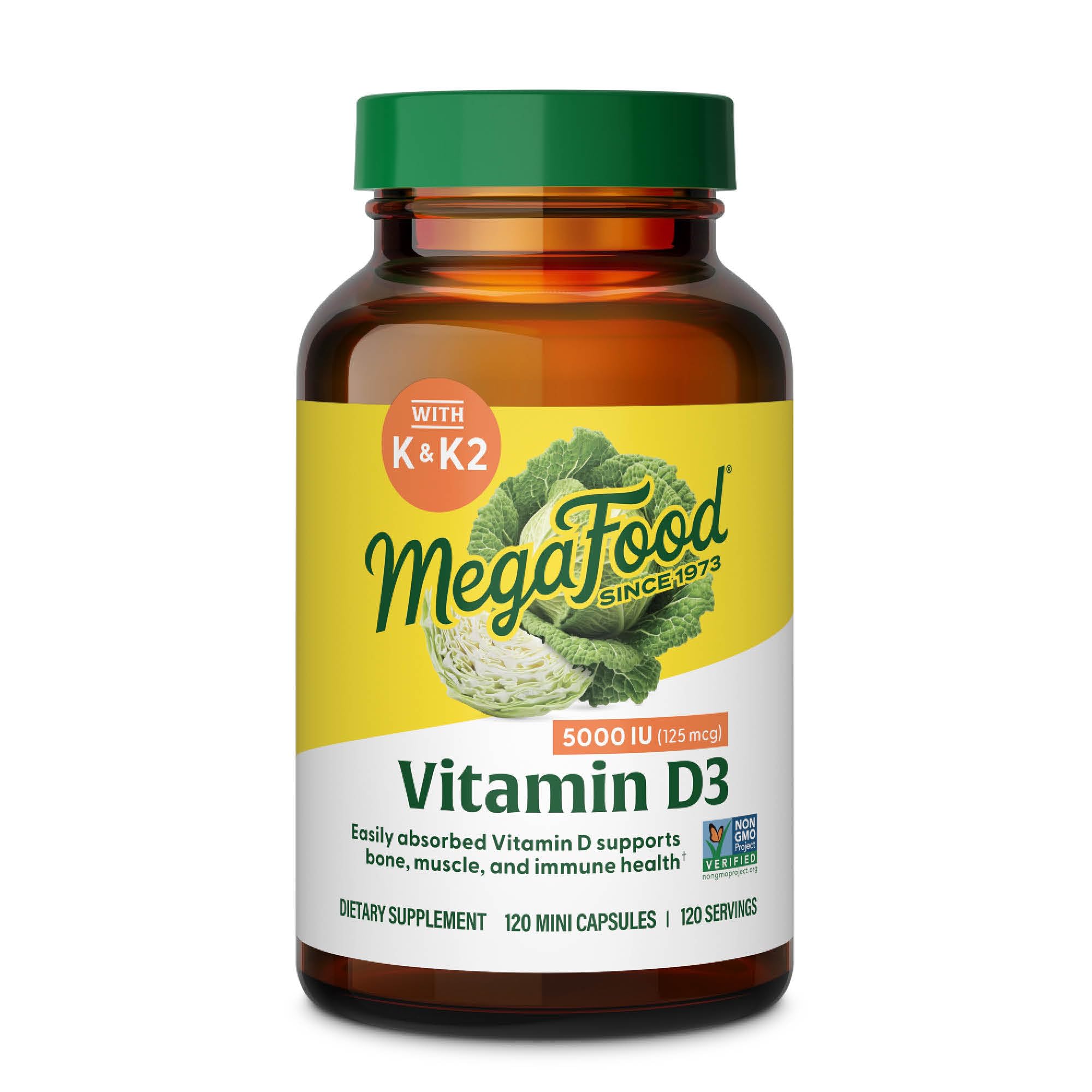MegaFood Vitamin D3 5000 IU (125 mcg) - Vegetarian Vitamin D Supplements with Vitamin D3 K2, Supports Bones, Teeth, Muscles & Immune Health, Certified Non-GMO - 120 Mini Capsules, 120 Servings