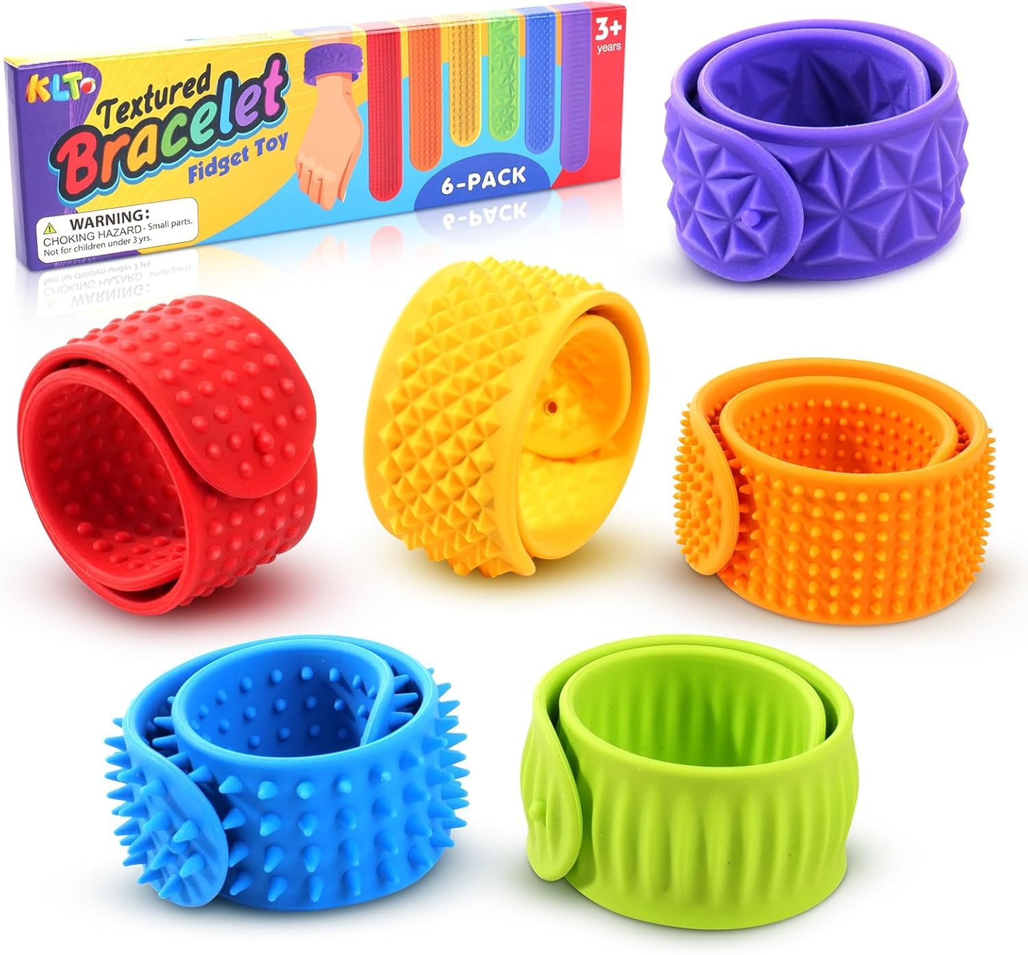 Sensory Fidget Toys for Kids: Textured Silicone Slap Bracelets 6 Pack, Stress Relief Fidgets for Autism ADHD, Wearable Sensory Toys for Adults Office Desk, Calm Down Travel Airplane Toys
