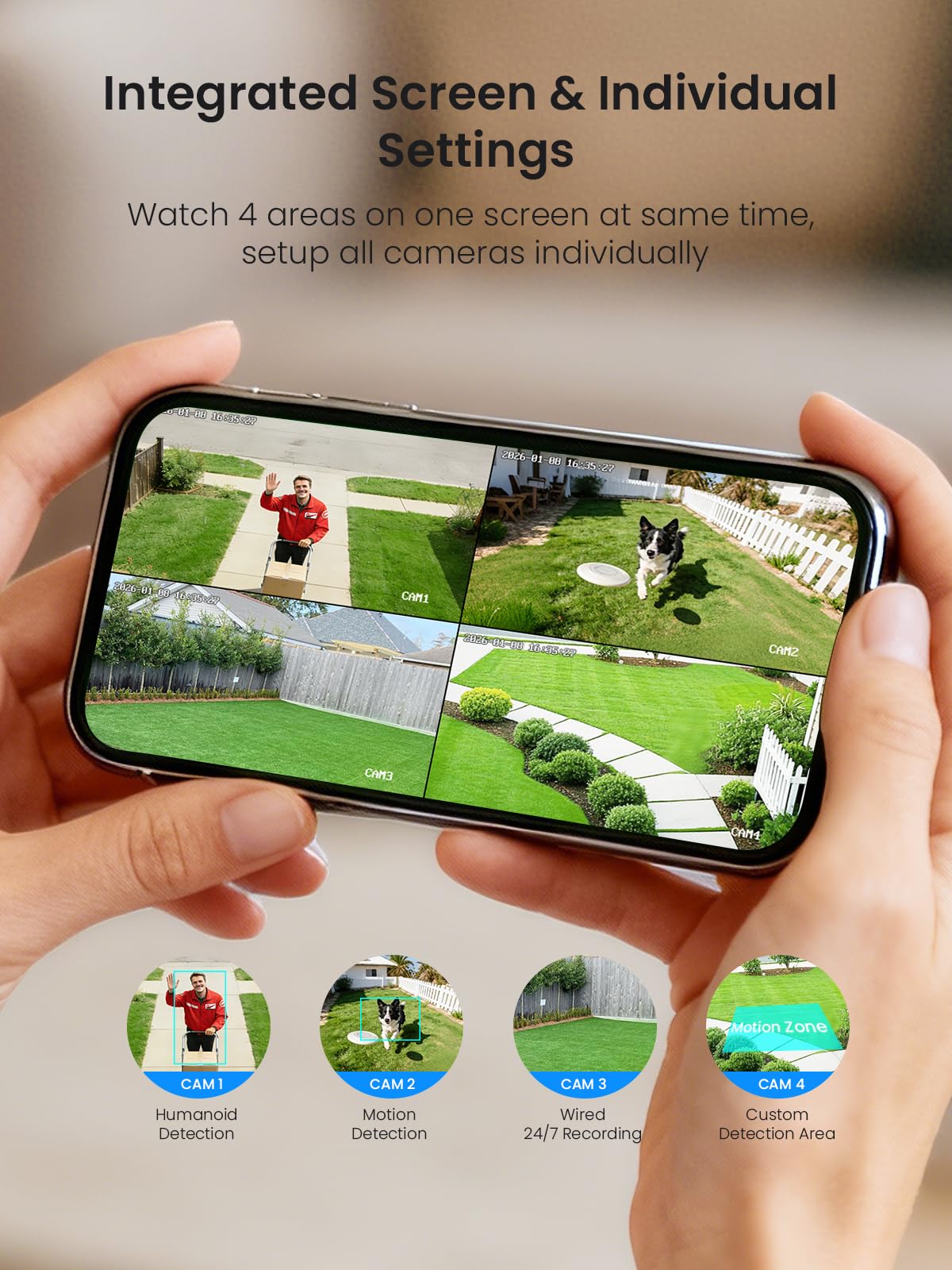 Gaiexce Solar Camera Outdoor Wireless, No Subscription, Expandable to 10CH, 4 Cam Kit Home Security Camera System, 4MP Color Night Vision, 360° Pan&Tilt, PIR/AI Detection, Works Offline & 2.4G/5G WiFi