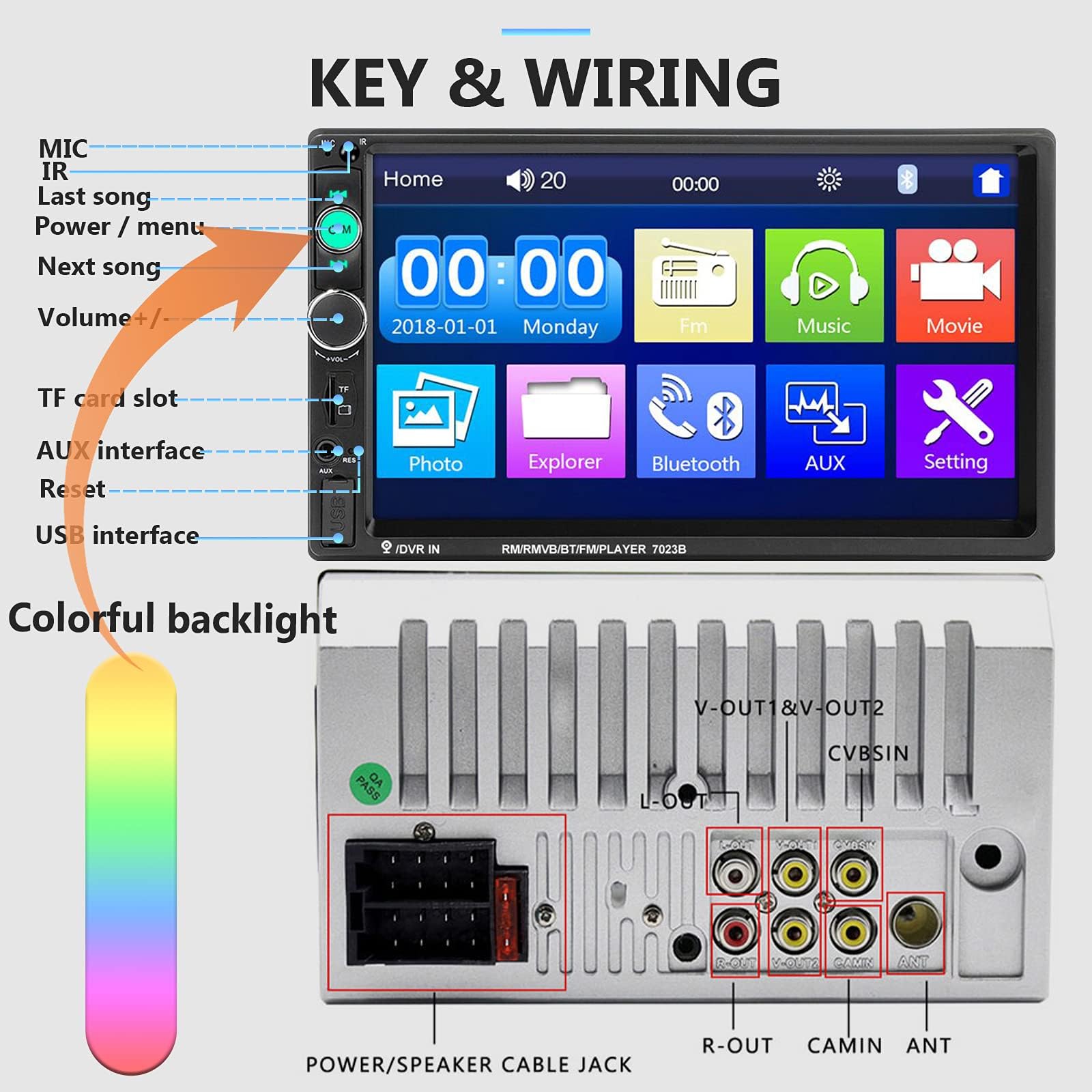 Podofo Car Stereo Double Din Car Radio 7 Inch MP5 Player with HD Touch Screen Digital Display Bluetooth Multimedia Support PhoneLink USB SD Aux-in 2 Din Autoradio with Backup Camera