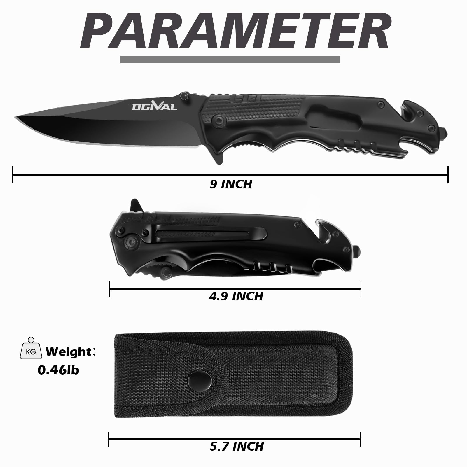 OGIVAL Pocket Knife,4inch Folding Knife with Nylon Sheath and Pocket Clip, Bottle Opener, Glass Breaker, Seatbelt Cutter and Wrench, Black