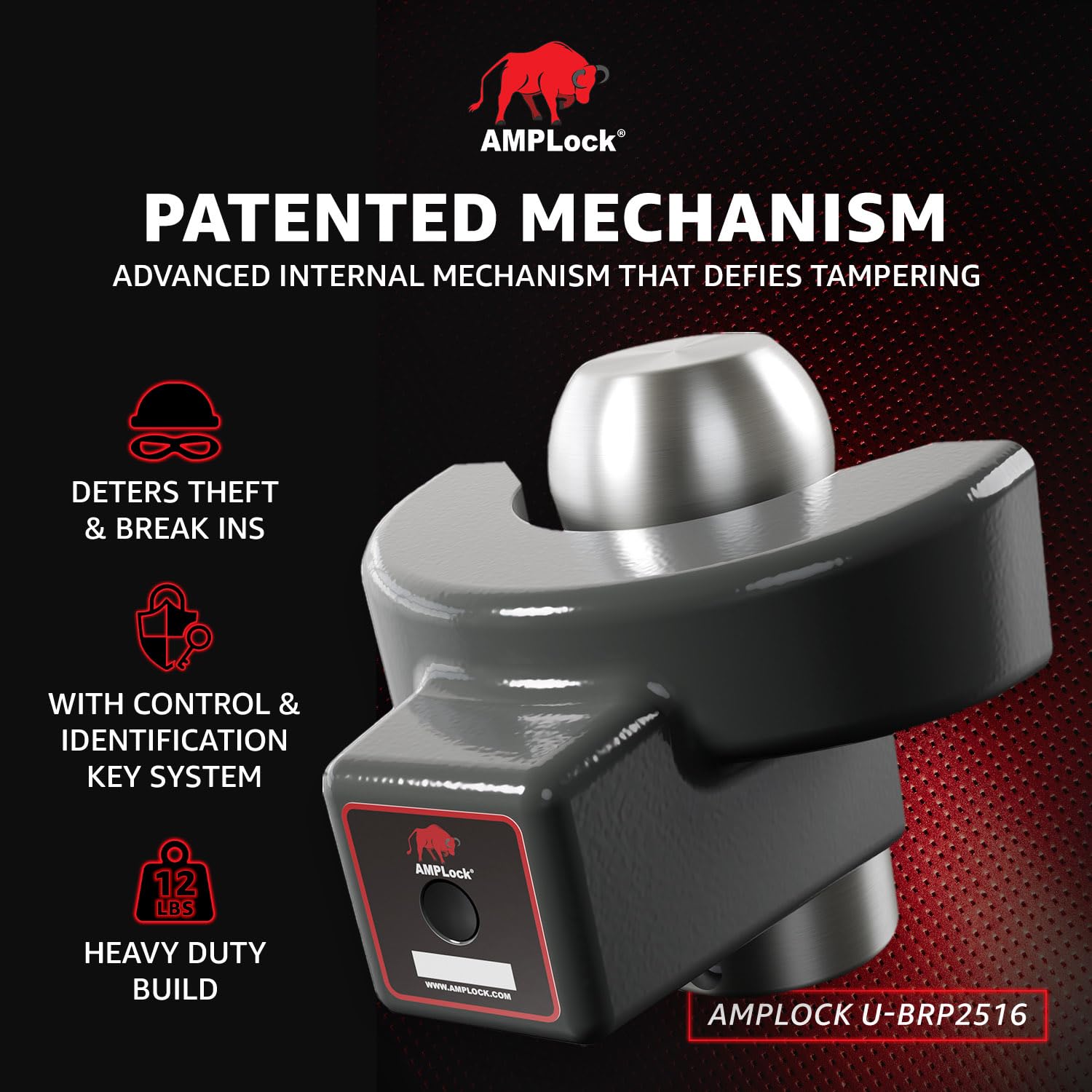 AMPLock - U-BRP2516 Heavy Duty Trailer Coupler Lock, 2 5/16" RV & Trailer Lock, Ball Coupler with Straight Lip, Anti-Theft RV Locks & Trailer Protection with Push and Lock System, Ideal Trailer Locks
