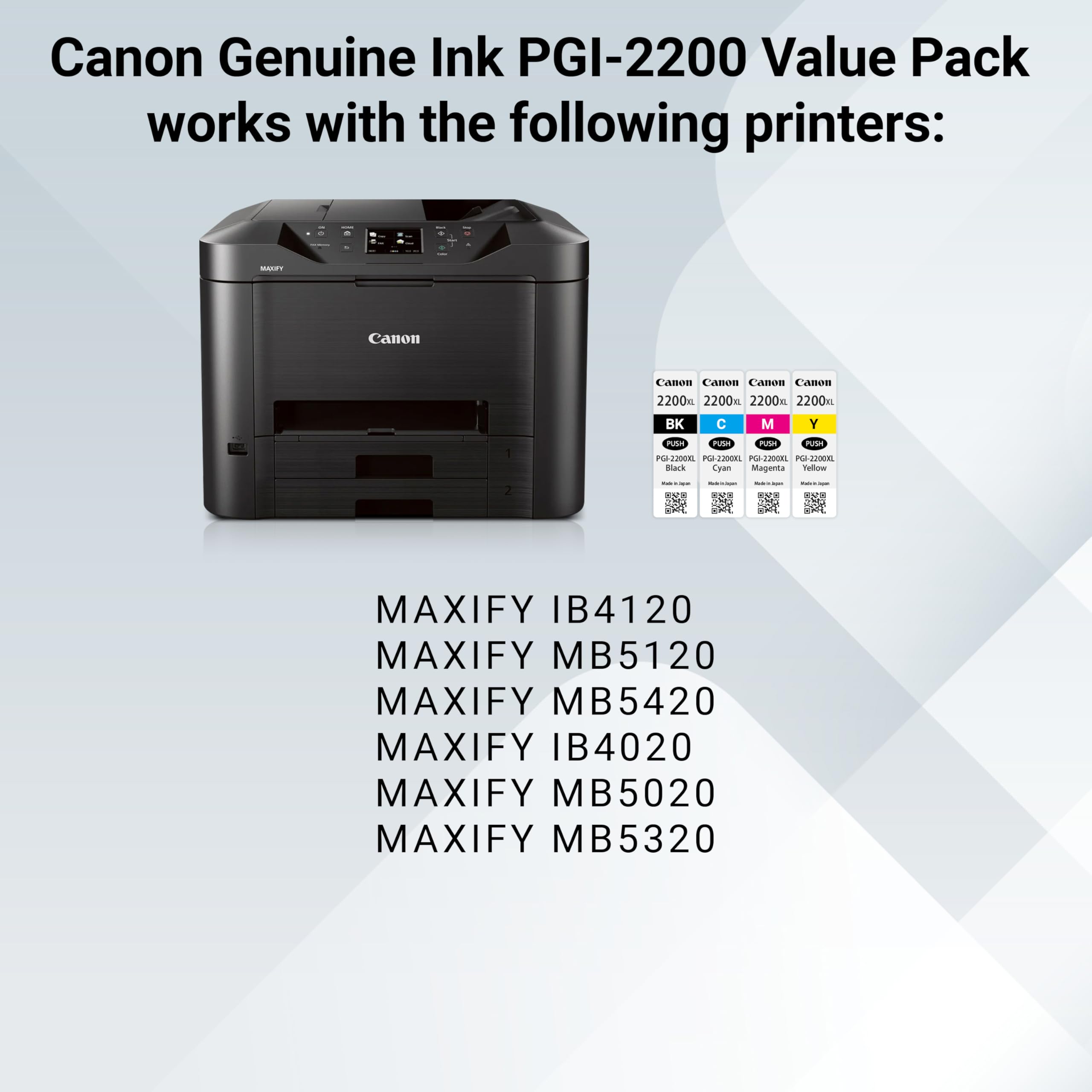 Canon PGI-2200 XL Genuine Four Color Value Pack, Compatible with MAXIFY: IB4120, MB5120, MB5420, IB4020, MB5020, and MB5320 (Optional) Printers