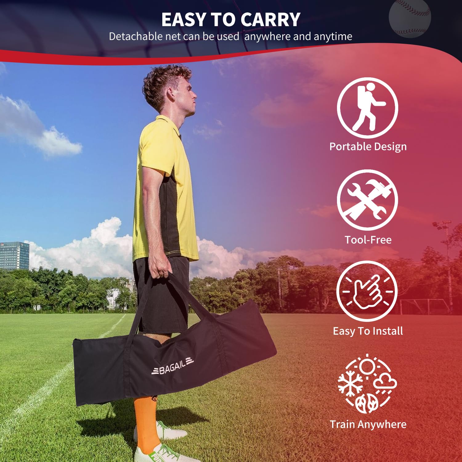 BAGAIL 7x7 ft Baseball & Softball Practice Net with Bow Frame for Batting, Hitting, Pitching, Portable Baseball Throwing Net with 2 Strike Zone Batting Tee, Carry Bag, Great for All Levels