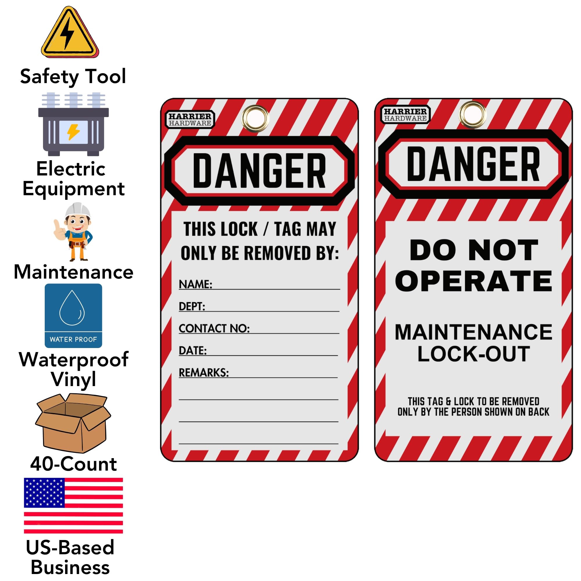 Harrier Hardware 40-Pack Lockout Tagout Tags, 3 x 5.5-inch, OSHA Compliant Lock Out Tags