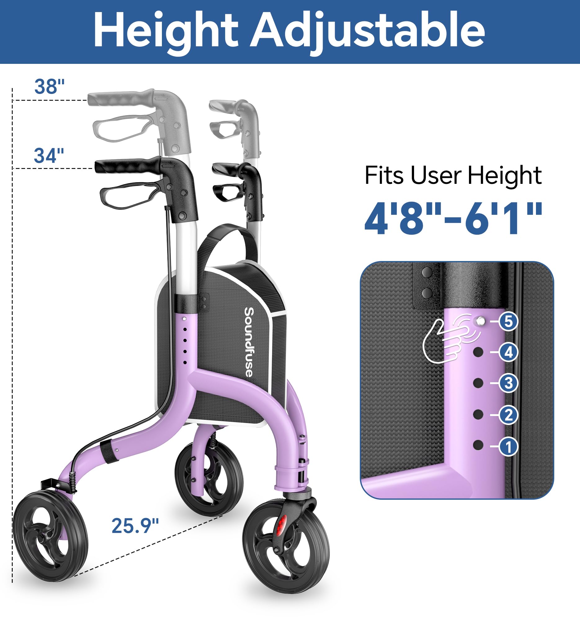 SOUNDFUSE 3 Wheel Walkers for Seniors, Lightweight Foldable Aluminum Rollator Walker, Height Adjustable Three Wheel Walker, Purple