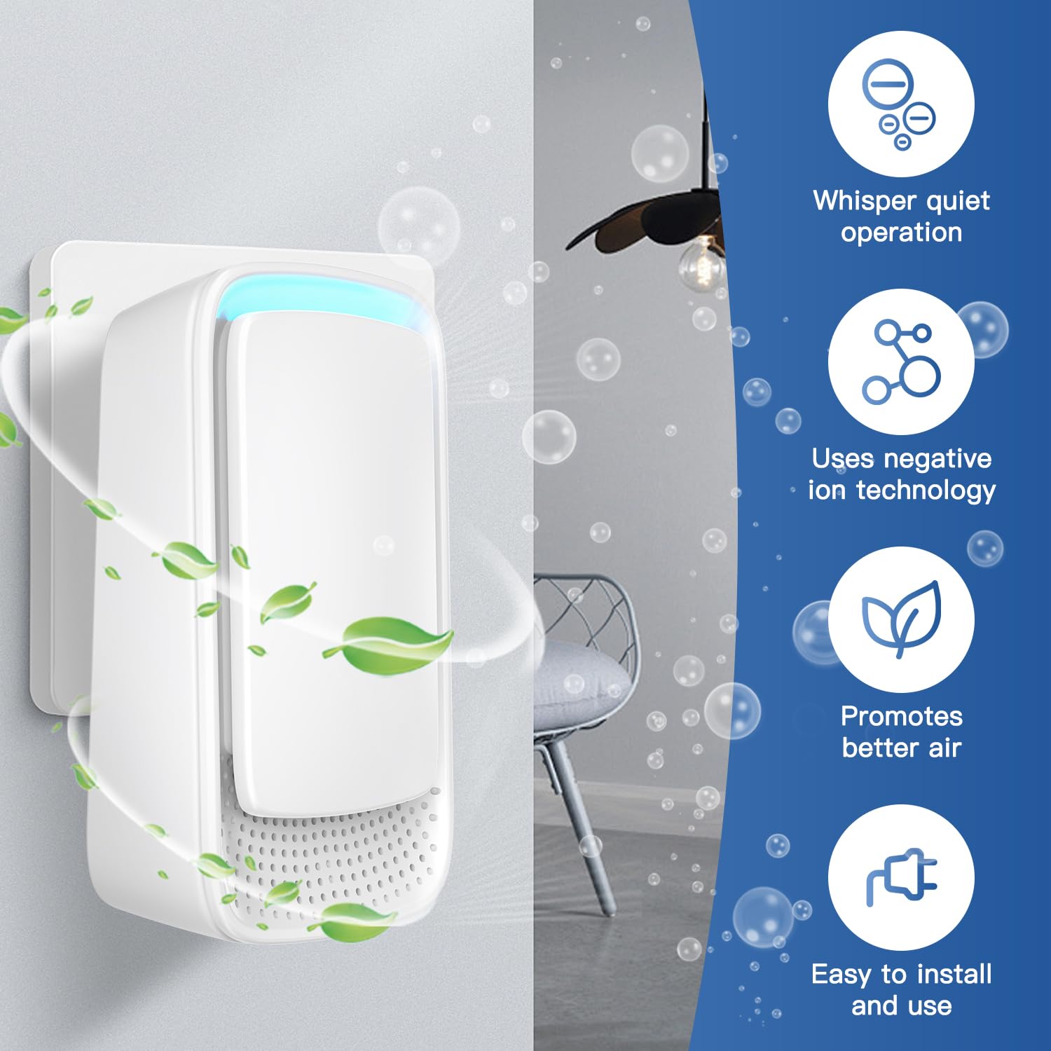 Plug In Air Ionizers - Negative Ion Technology Air Purifier - Quiet Operation Air Freshener for Home, Bedroom, Office, Garage Room - Portable Air Purifiers Odor,Pets Smell - Air Cleaner White (2 Pack)
