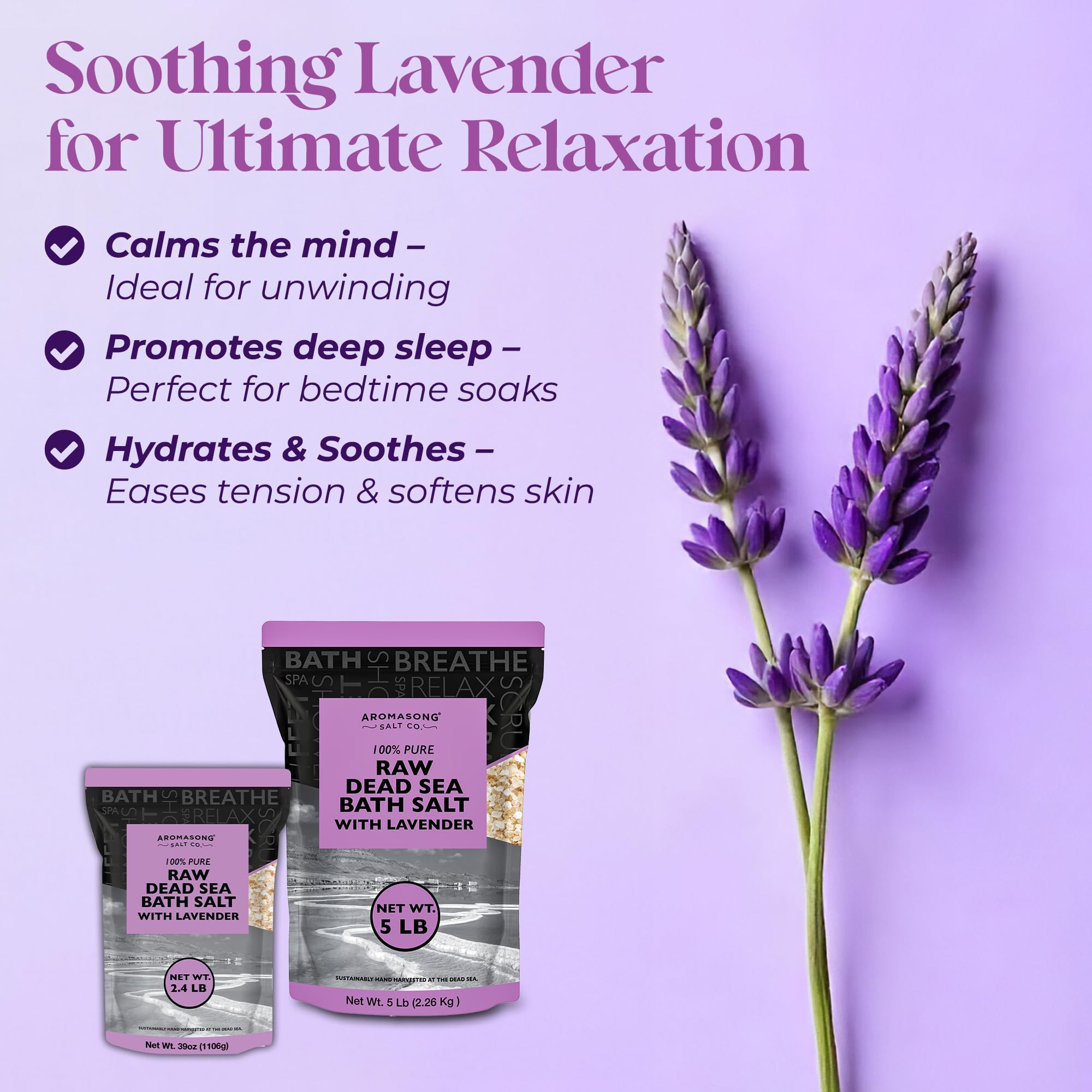 Aromasong Pure Raw Dead Sea Salt for Soaking with 100% Natural Lavender, 2.43 LB - Spa Bath Salt Fine Grain - Body Wash Scrub - Soak for Women & Men- Bulk Resealable Pack