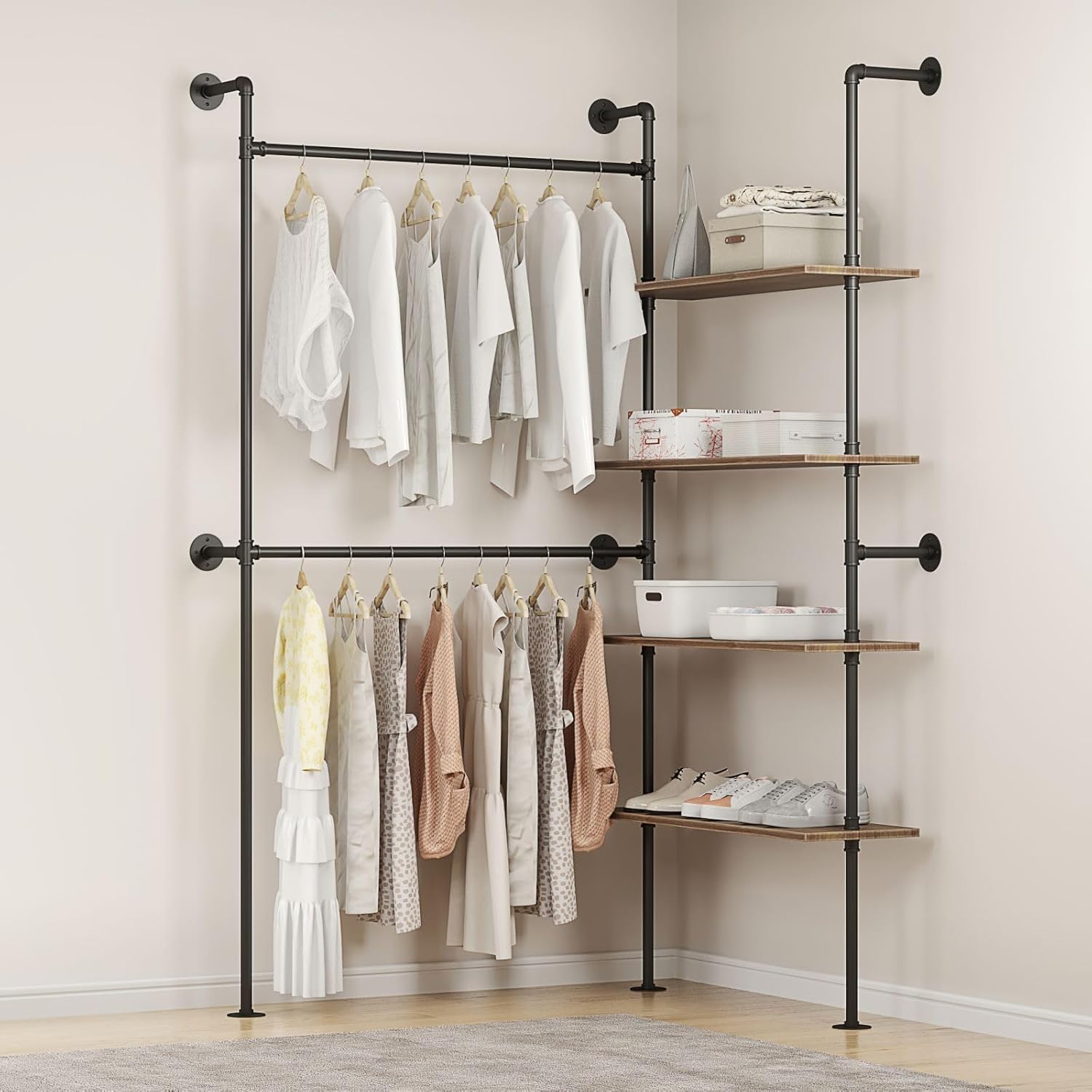 Woskar Industrial Pipe Clothing Rack, Hanging Rods Clothes Rack with Shelves, Clothes Rack for Wardrobe, Corner Closet System for Walk in Closets (Black)