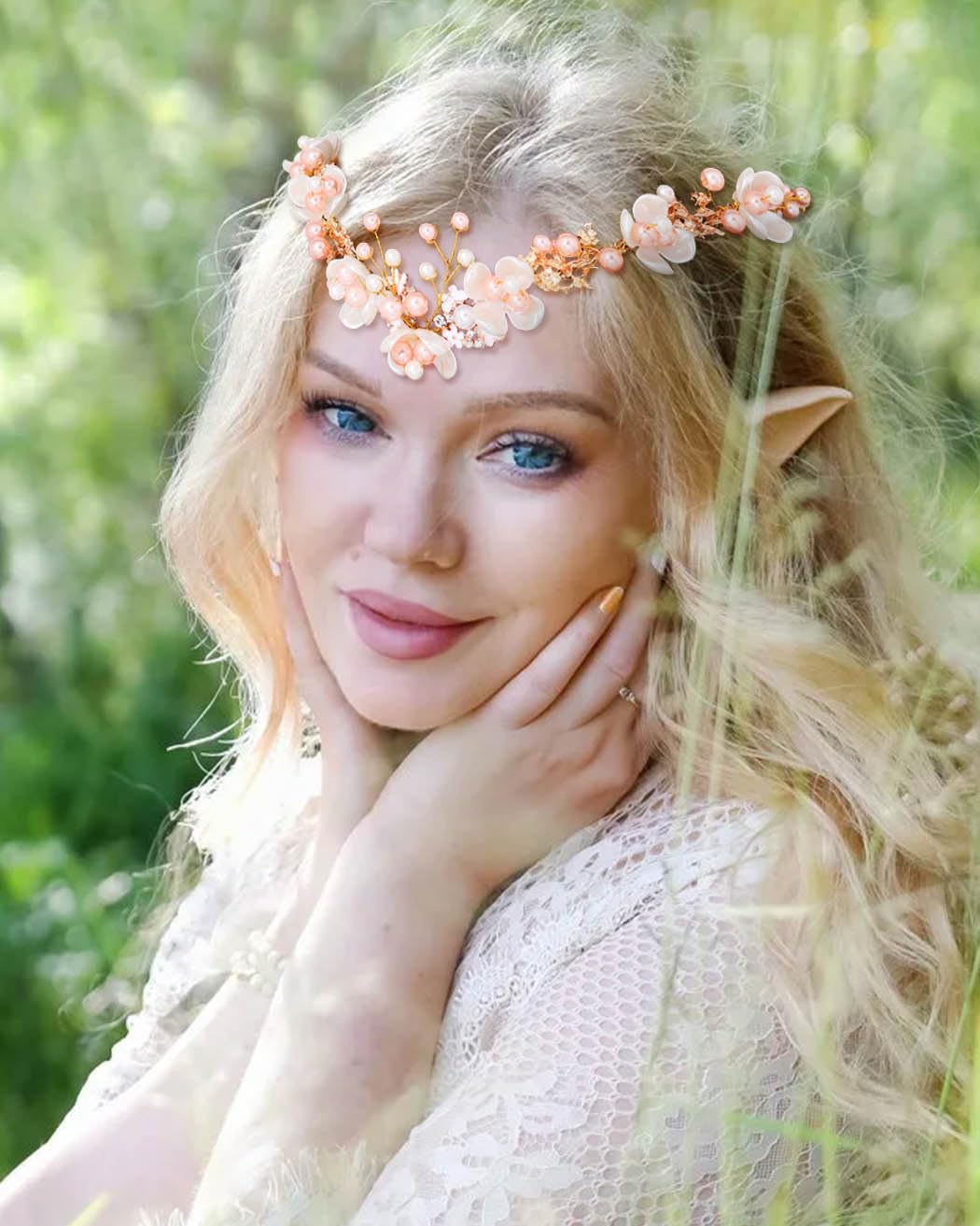 Campsis Flower Fairy Headband Gold Elf Forest Hair Bands Crystal Elven Headpiece for Women and Girls