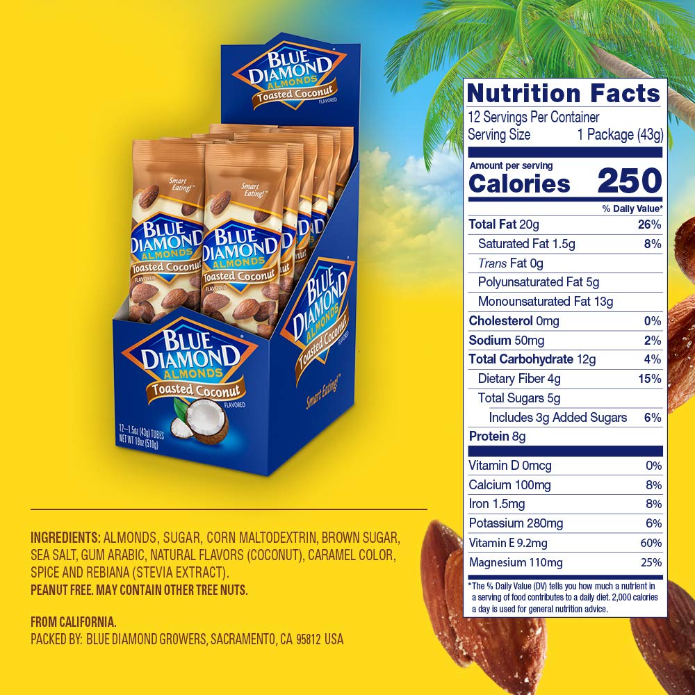 Blue Diamond Almonds, Toasted Coconut Flavored Snack Nuts, Single Serve Bags (1.5 Oz. Tubes, Pack of 12)