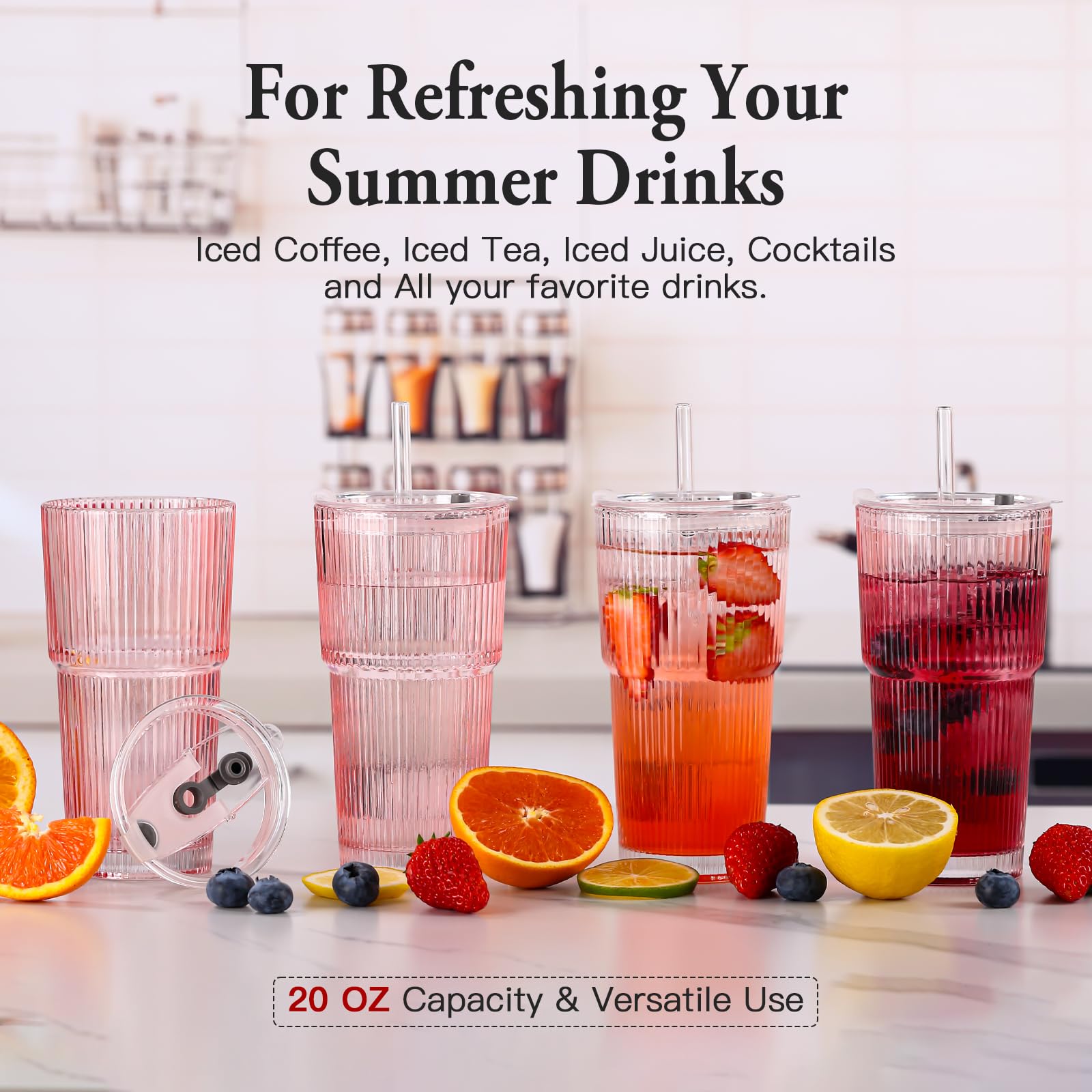 SIPBYSOP 4PCS Ribbed Glass Cups with Lids and Straws, 20oz Vintage Drinking Glasses, Aesthetic Iced Coffee Cups, Glass Tumbler for Boba, Beer, Tea, Cocktails, Ribbed Glassware Set,Pink