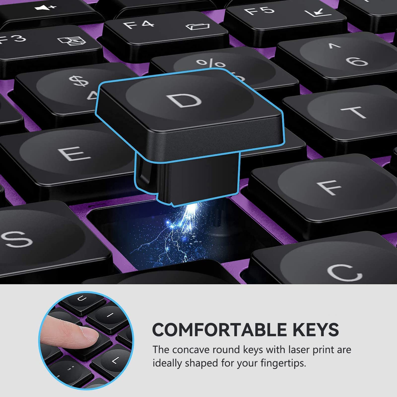 Wireless Keyboard and Mouse Combo, VIVEFOX 2.4GHz Cordless Quiet USB Keyboard Mouse, Full Size Ergonomic Keyboard Mouse with 14 Multimedia Hotkeys for Windows Laptop Computer Desktop, Purple