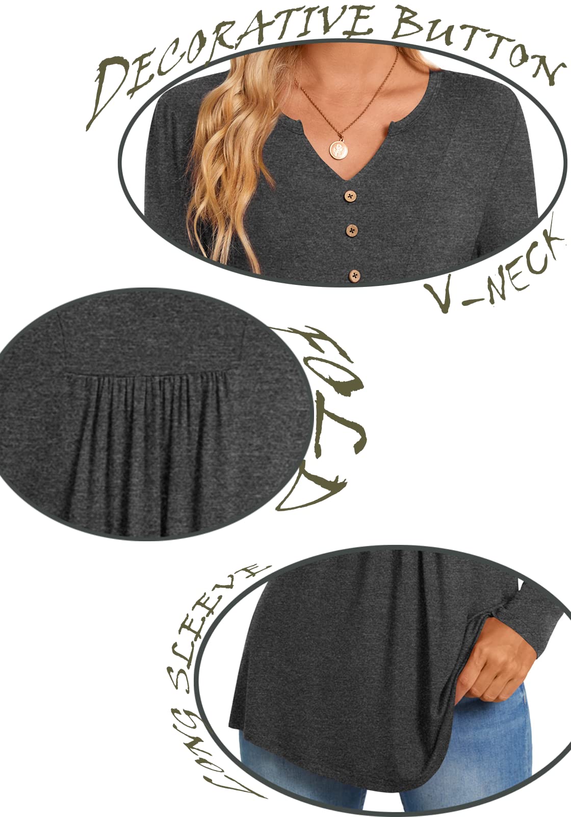 CATHY Womens Long Sleeve Tunic Tops Henley Shirt V-neck Button Down Blouse Casual Pleated Basic Pullover, L, Long Flower Multiple Orange