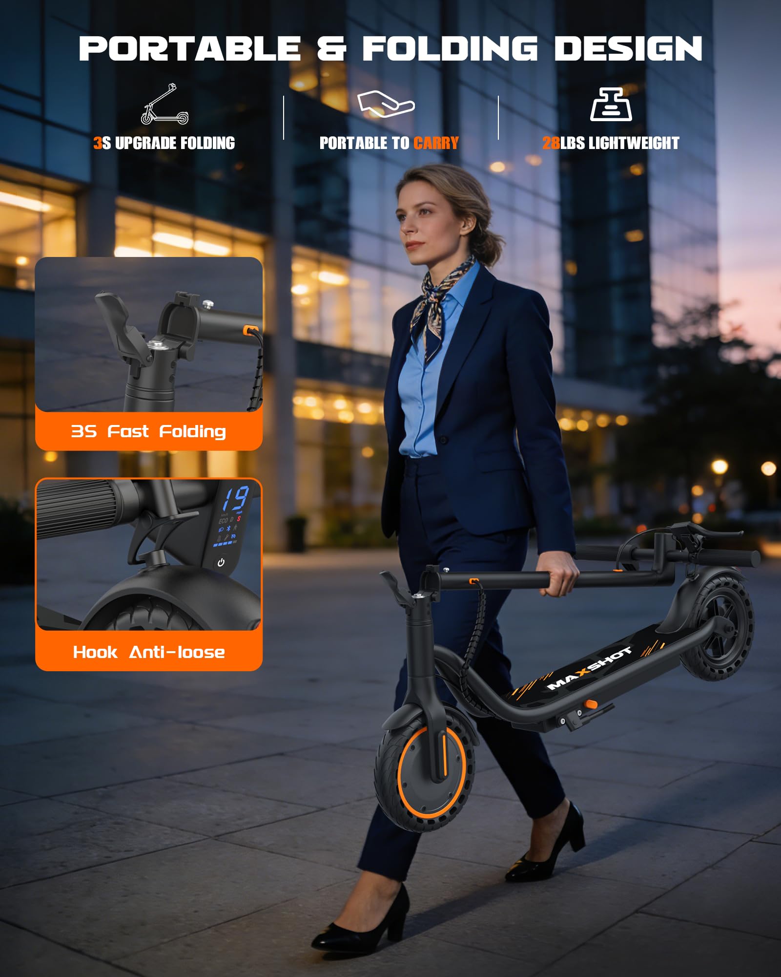 Maxshot Electric Scooter, 350W/500W Powerful Motor, 19-22 MPH Max Speed, 15-28 Miles Range, Foldable escooter with Dual Braking Systems, Smart APP