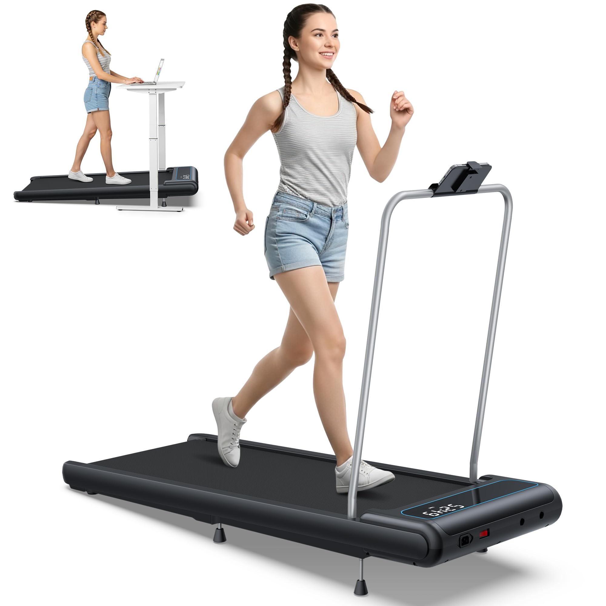 10% Incline Under Desk Walking Pad, 2.5HP 5MPH Treadmill with Removable Handle, Lightweight Treadmills for Home Office Small Apartment, Works with Apps & Mute Remote Control, No Installation