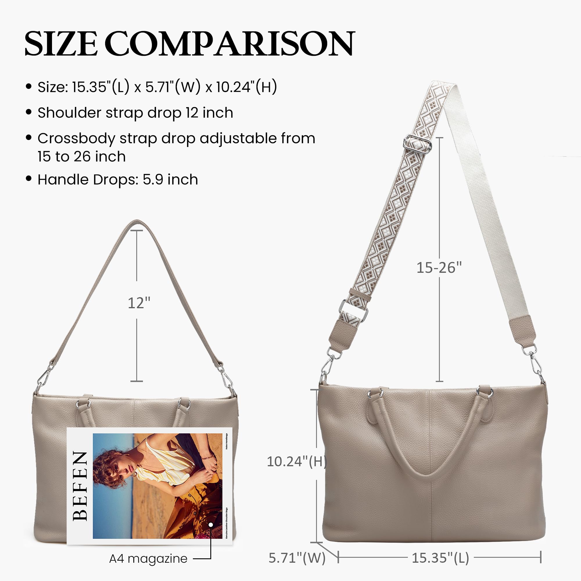 befen Genuine Leather Tote Bag for Women Shoulder Totes Crossbody Bags Purses Handbags with Top Handles Satchel Purse for Daily and Travel Taupe