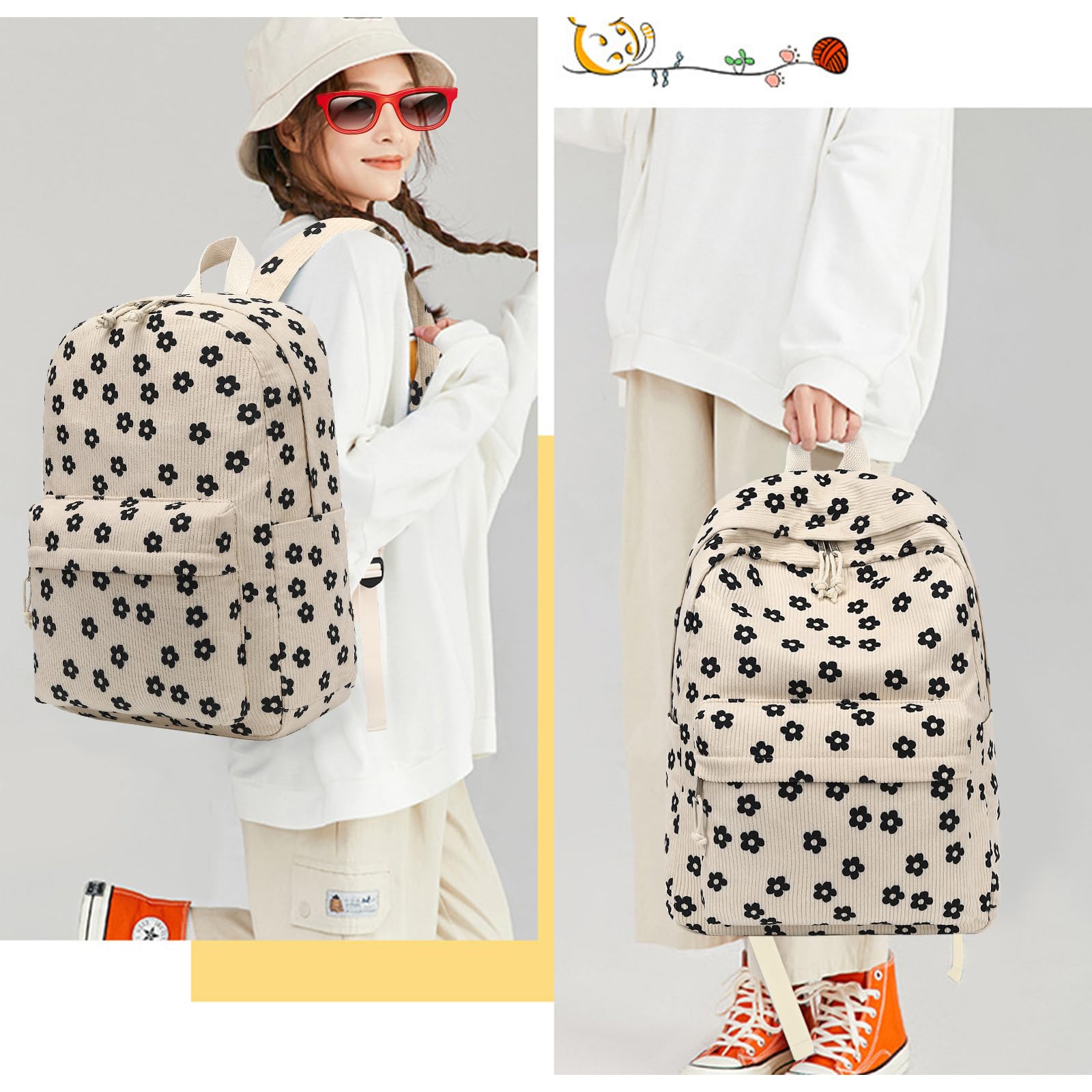 Bluboon School Backpack for Teen Girls Bookbags Elementary High School Corduroy Laptop Bags Women Travel Daypacks(Beige Corduroy Floral