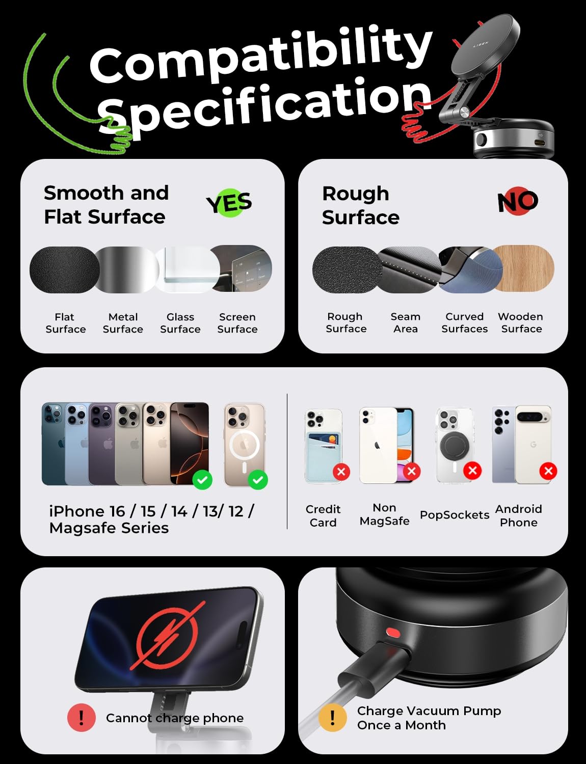 LISEN for iPhone 17 Portable Electric Vacuum Suction Phone Holder for Car MagSafe, Magnetic Phone Holder for Car Suction Cup Phone Mount Foldable for iPhone 17 Pro Max Air /16/15/14/13/12