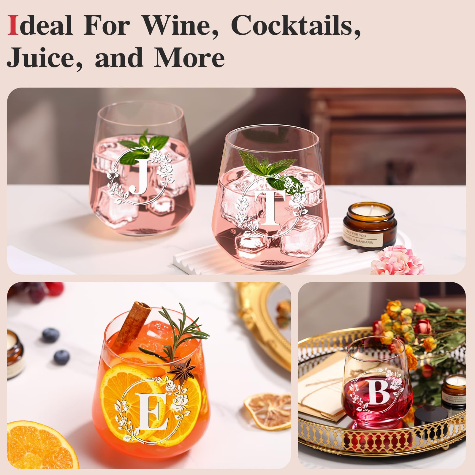 Personalized Stemless Wine Glass – Custom Engraved Monogrammed Initial Glasses,Bridal Shower, Birthday, Wedding, or Engagement Gift for Women Her-T