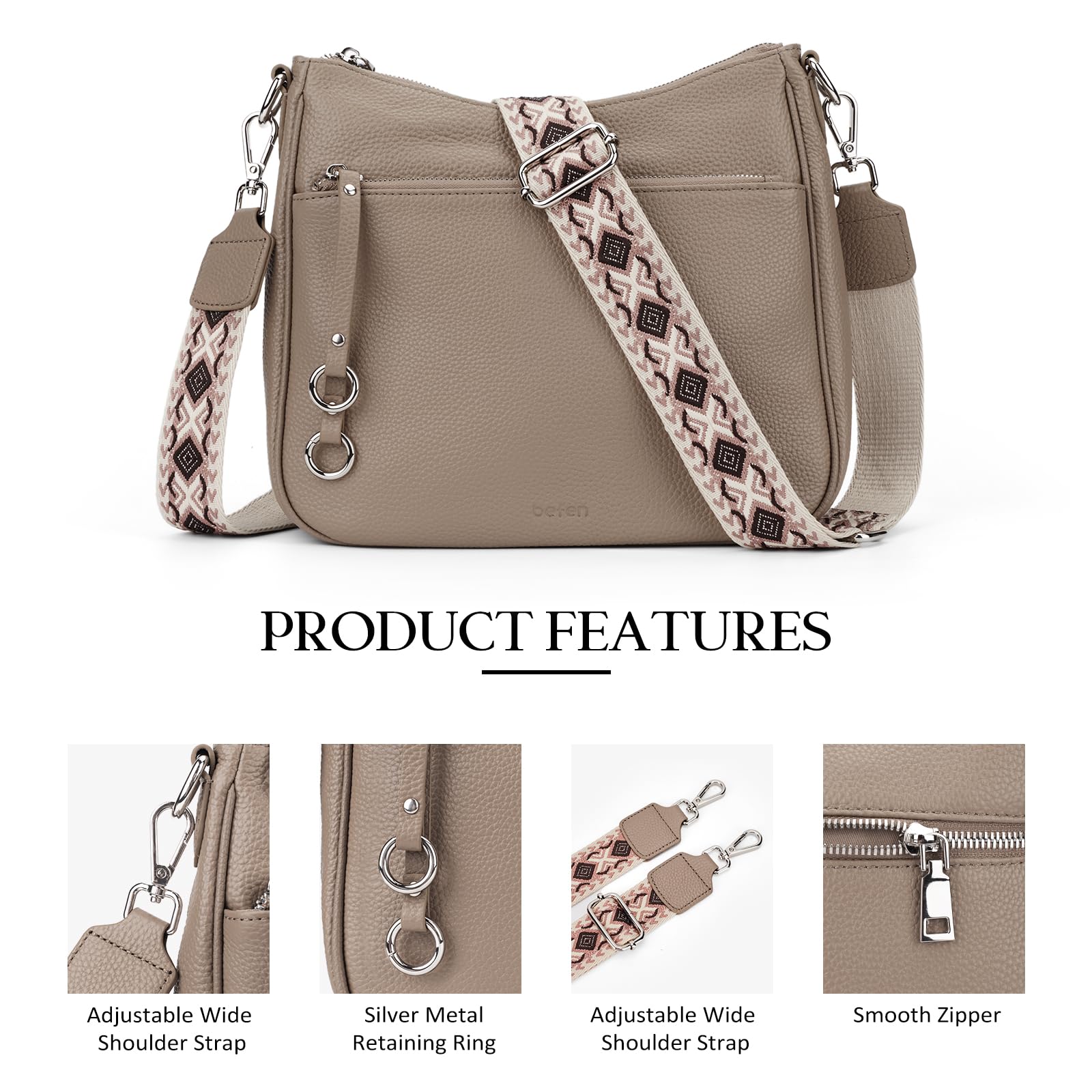 befen Genuine Leather Crossbody bag for Women, Brown Leather Purse Women's Hobo Crossbody Purse Shoulder Handbags with Adjustable Wide Shoulder Strap for Everyday and Travel,Grey
