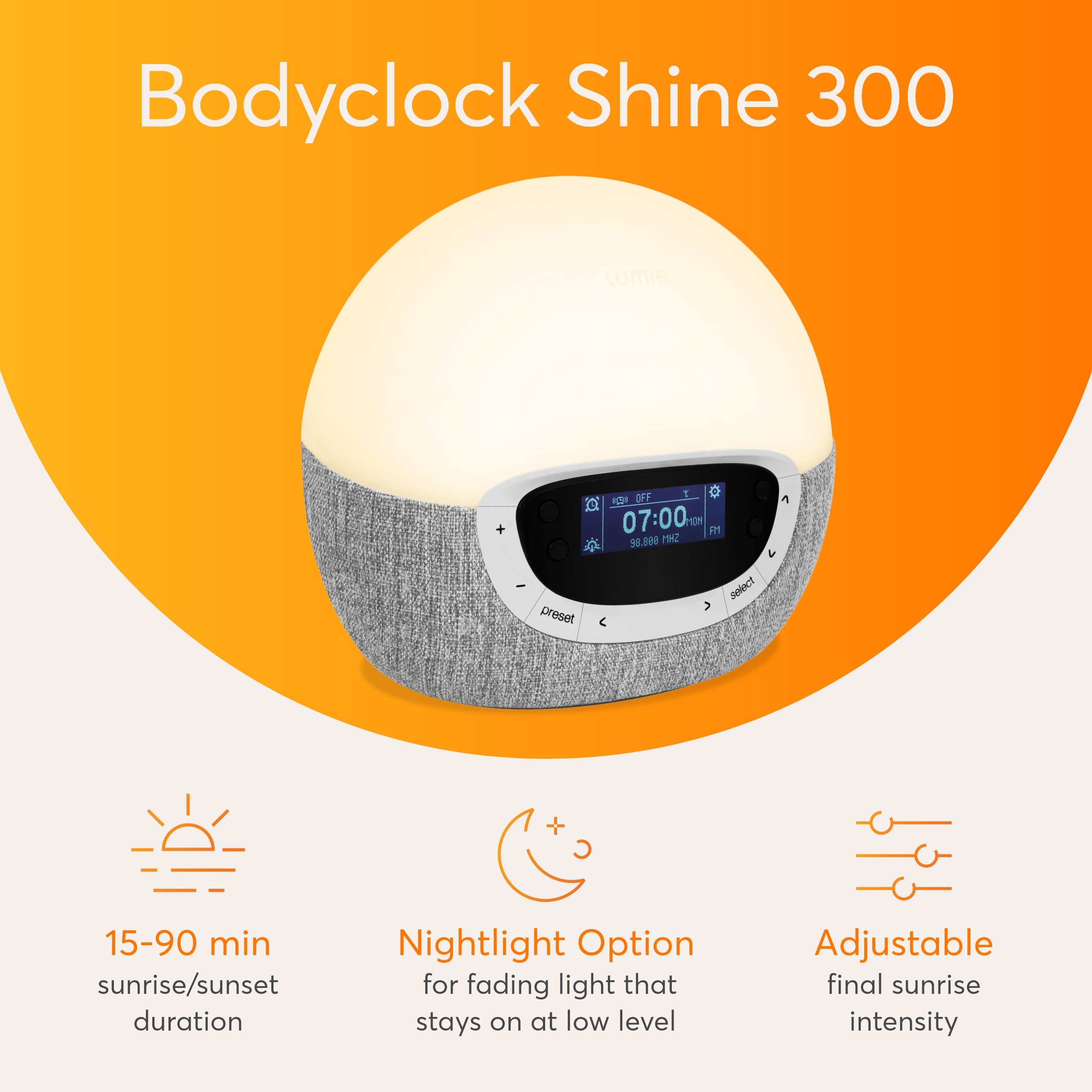 Lumie Bodyclock Shine 300 – Sunrise & Sunset Alarm Clock - Bedside Lamp with Custom Light Duration - Wake-Up, Night & Reading Light - Warm LEDs
