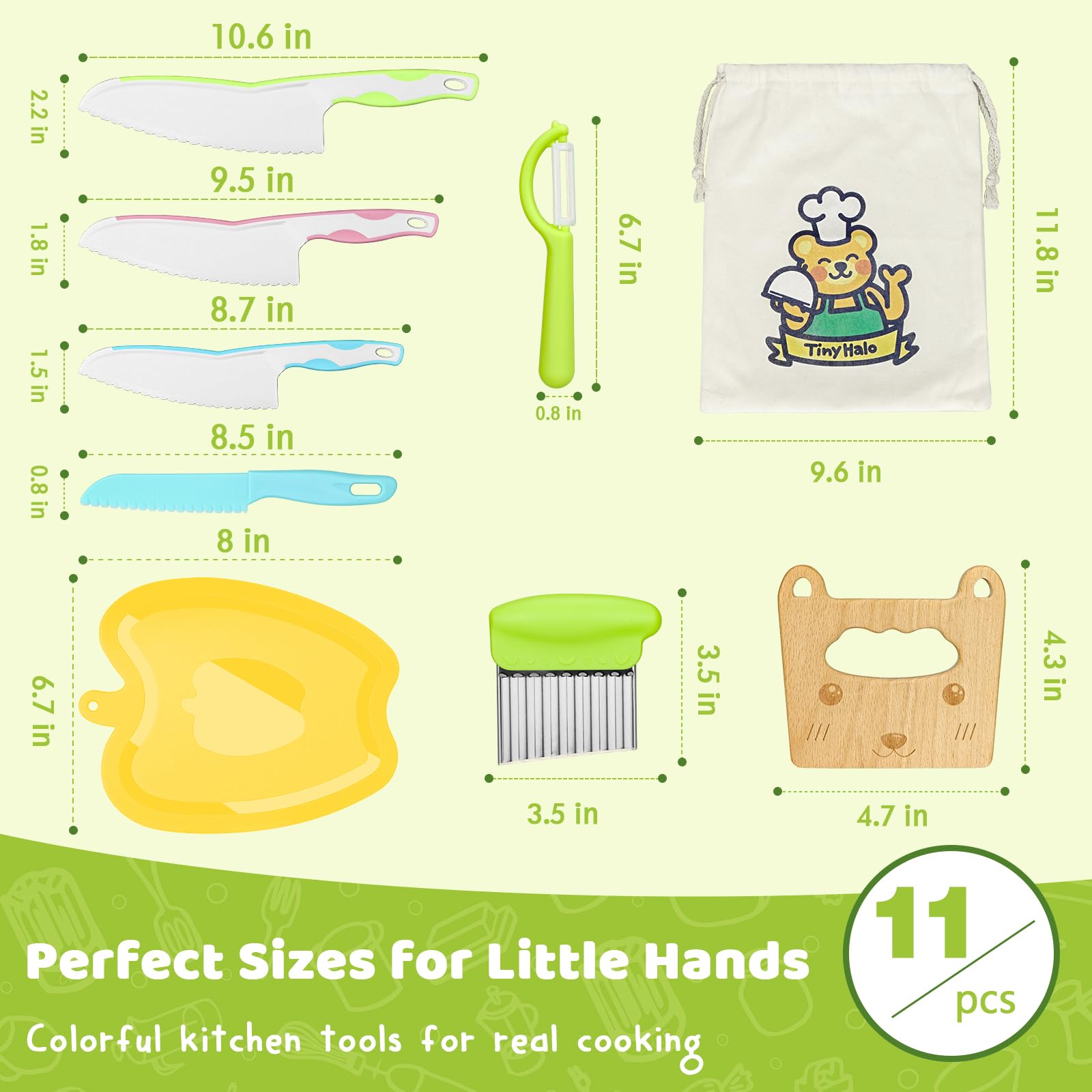 TinyHalo 11 Pcs Wooden Kids Kitchen Knife, Kids Knife Set with Cutting Board Fruit Vegetable Crinkle Cutters Serrated Edges Plastic Toddler Knifes for Real Cooking Kid Safe Knives…