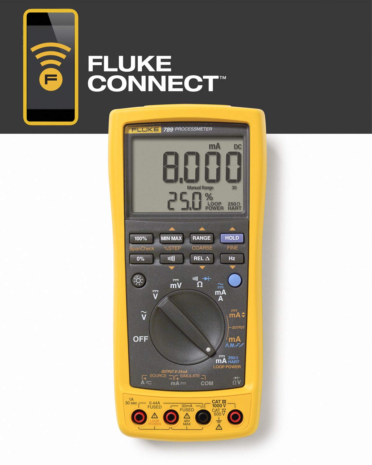 Fluke 789 ProcessMeter, Includes Standard DMM Capabilities, Measure, Source, Simulate 4-20 mA signals, and Built-In 24 V Loop Supply