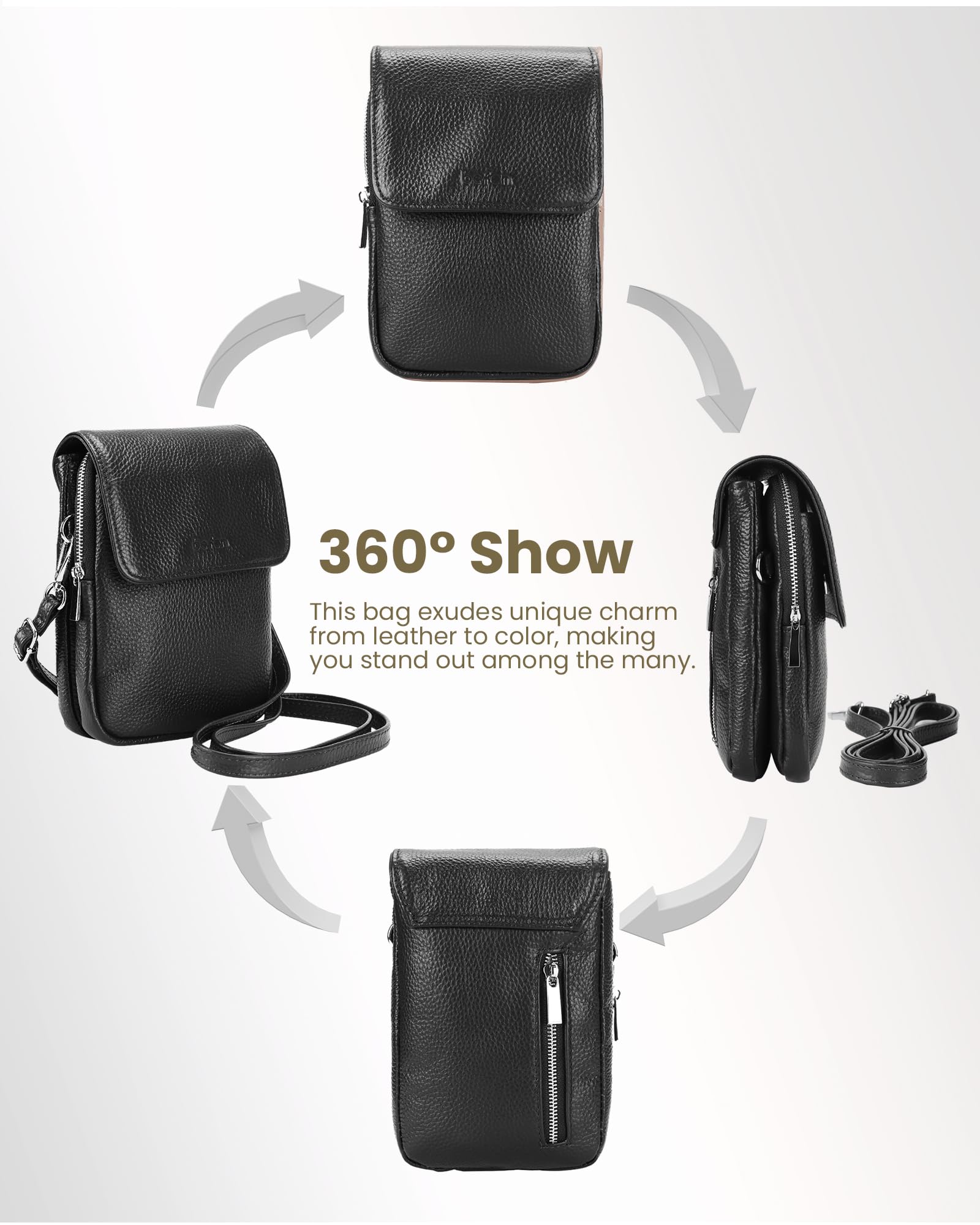 befen Genuine Leather Black Small Crossbody Bags for Women, Woman Cell Phone Cross body Purse Bag with RFID Blocking Card Slots