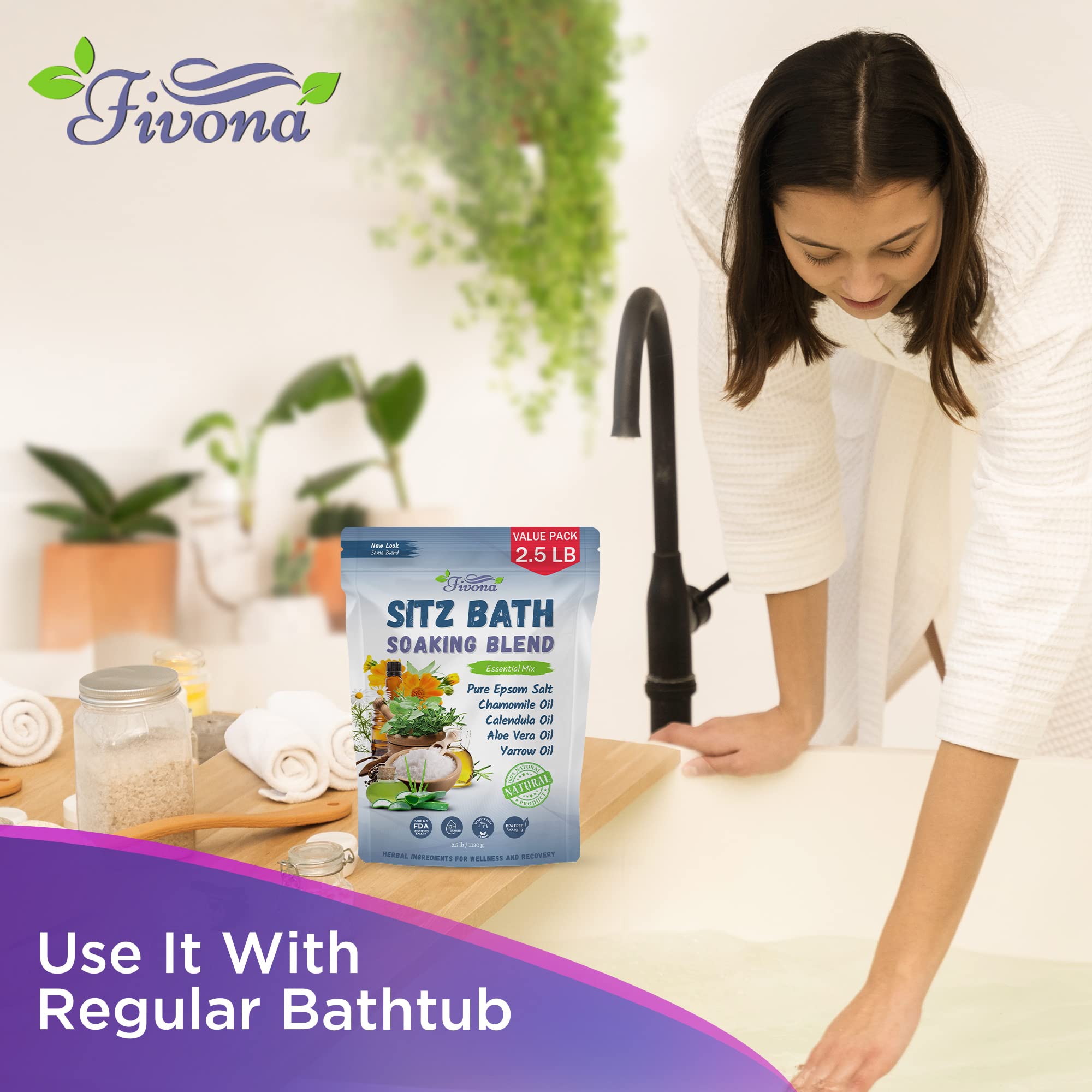 Fivona 2 in 1 Sitz Bath Soak Kit for Hemorrhoids and Postpartum Care - Soaking Blend with Epsom Salt and Essential Oils Value Pack 40 oz with Over the Toilet Seat - Fast Irritation Relief at Home