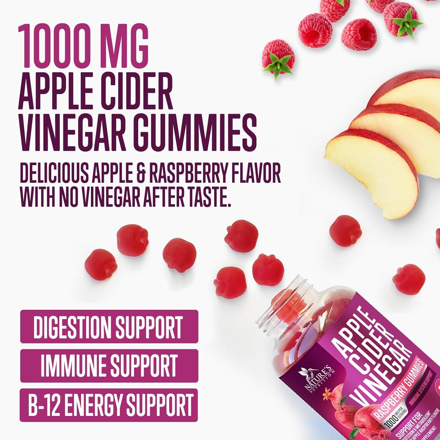 Vegan Apple Cider Vinegar Gummies 1000mg for Detox & Cleanse, ACV Gummy Vitamin B12 for Digestion Metabolism & Immune Health Support, Natural Apple Raspberry Flavor, Gluten Free - 120 Gummies
