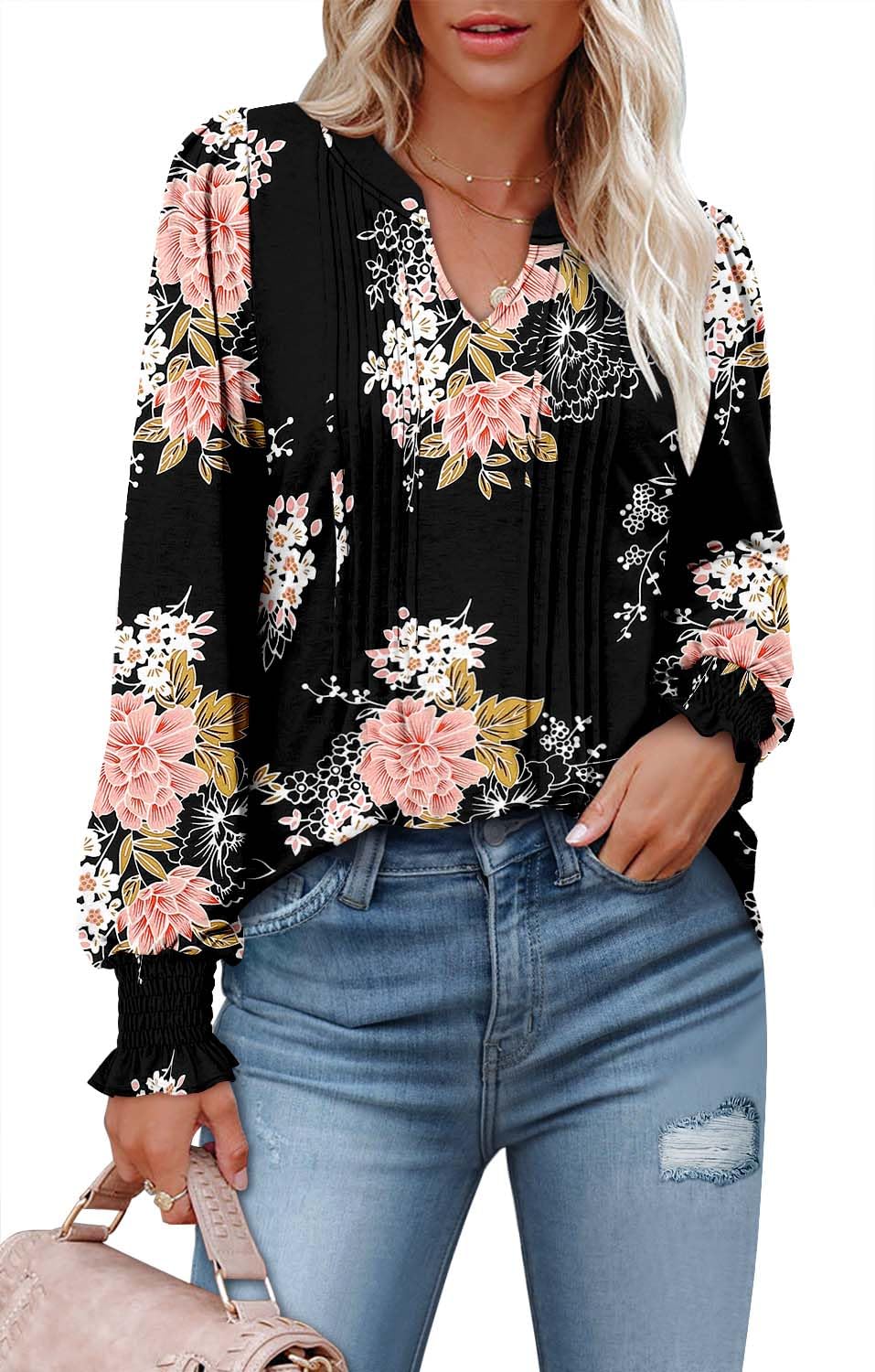 BETTE BOUTIK ladies fall tops and blouses 2024 loose fit long sleeve v neck shirts womens long sleeve tops Pink Peony Large
