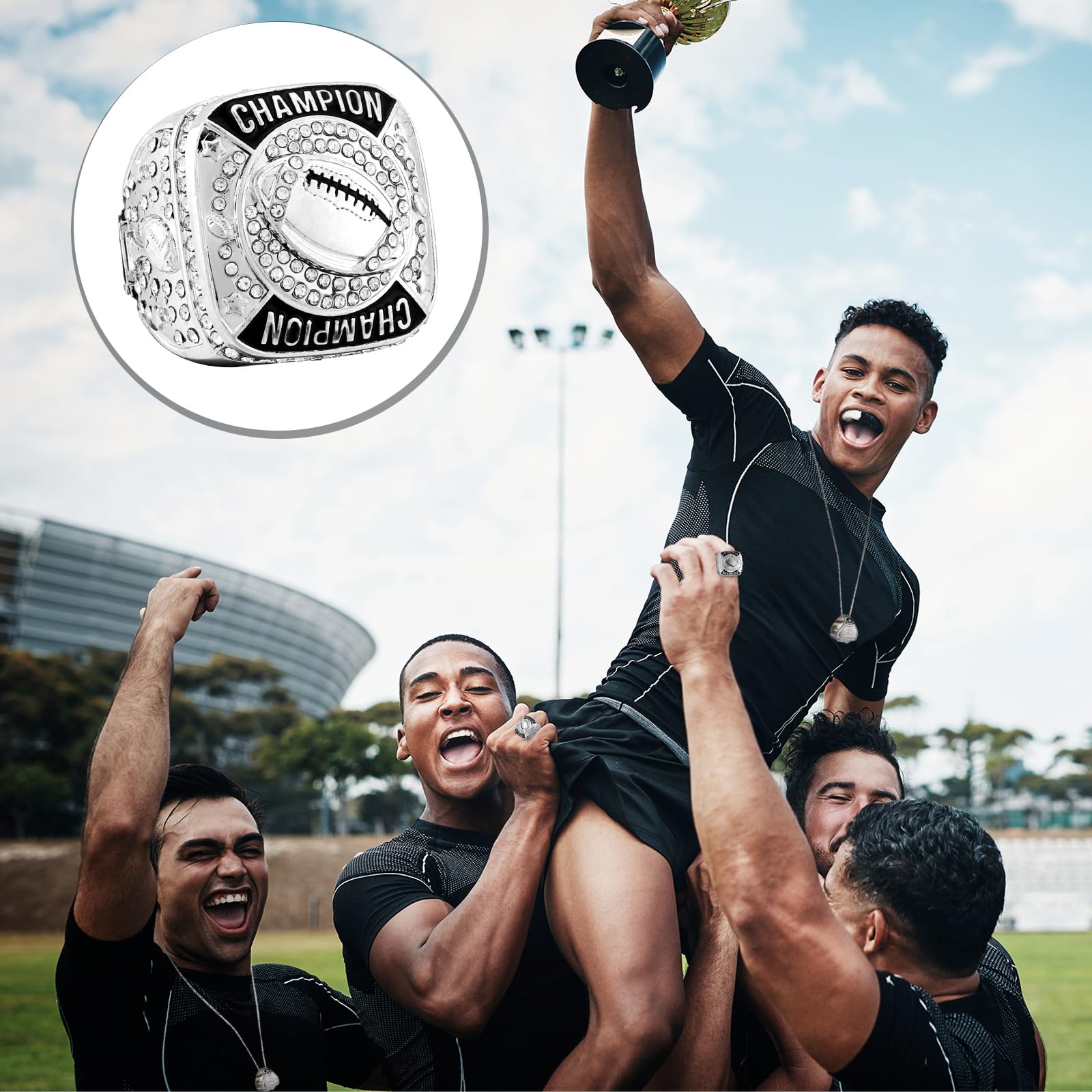 Landical 12 Pcs Silver Football Championship Rings Ball Games Championship Trophy Rings Sport Ball Award Gift with Display Neck Chain and Stand for Tournament or League Champion Winner