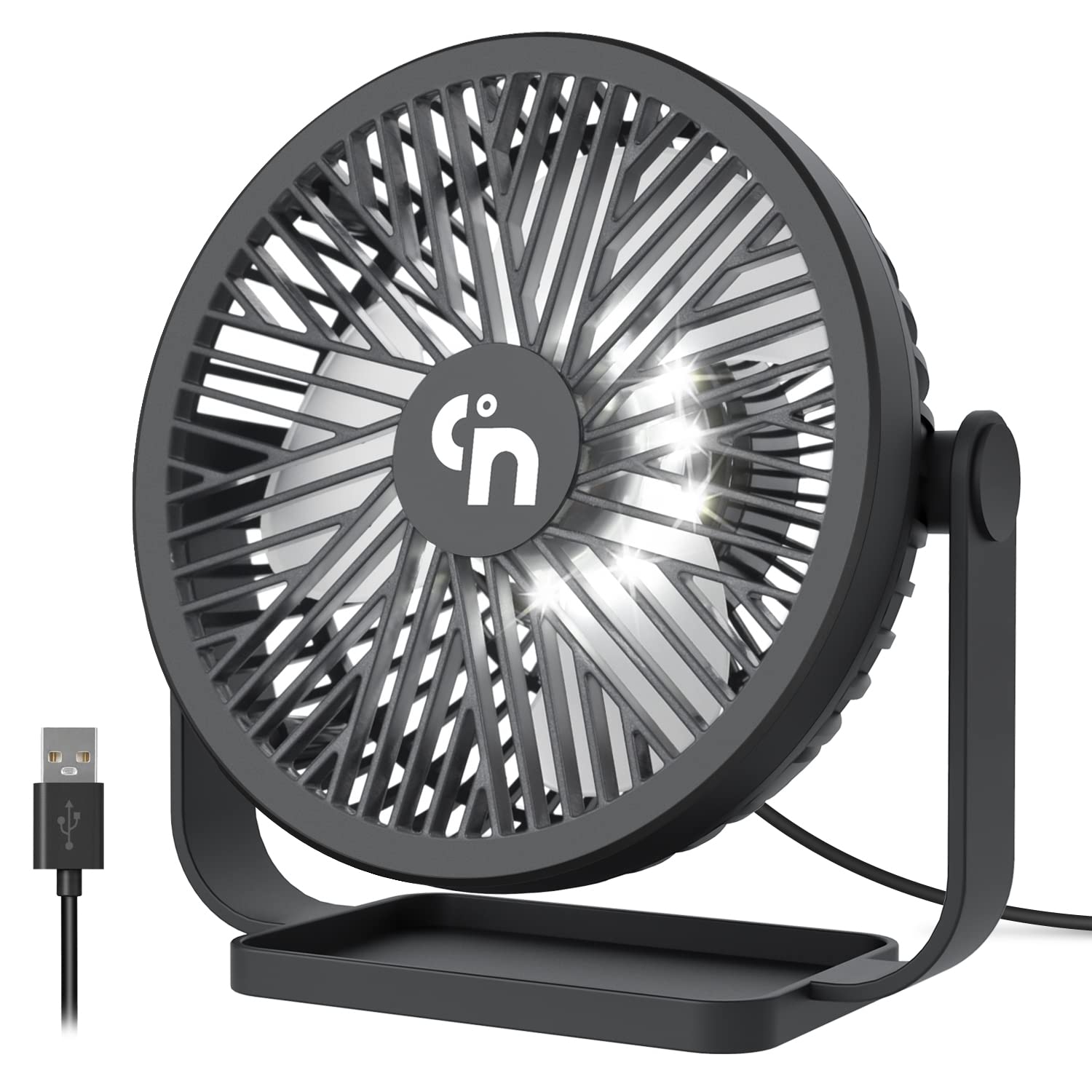 GagetElec USB Desk Fan with LED Night Lights,3 Speeds Desktop Small Fan,360°Rotation Strong Wind,Quiet Mini Cooling Table Fan for Home Office Desktop Office Table 5.3 Inch (T5-03)
