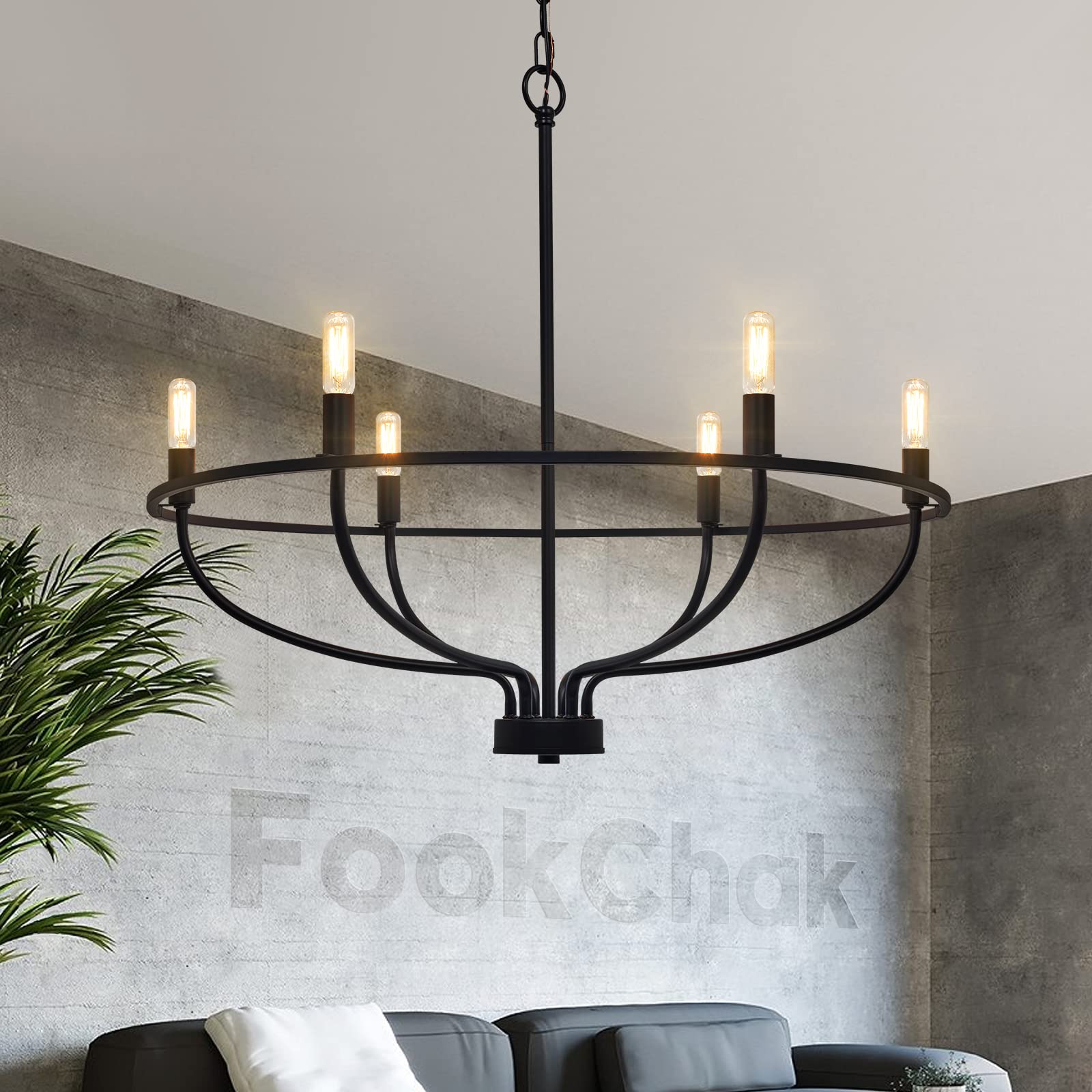 FookChak 6-Light Black Chandelier Light Fixture Industrial Candle Chandelier Black Chandeliers for Dining Room for Bedroom, Living Room,Kitchen,28.54in, E12