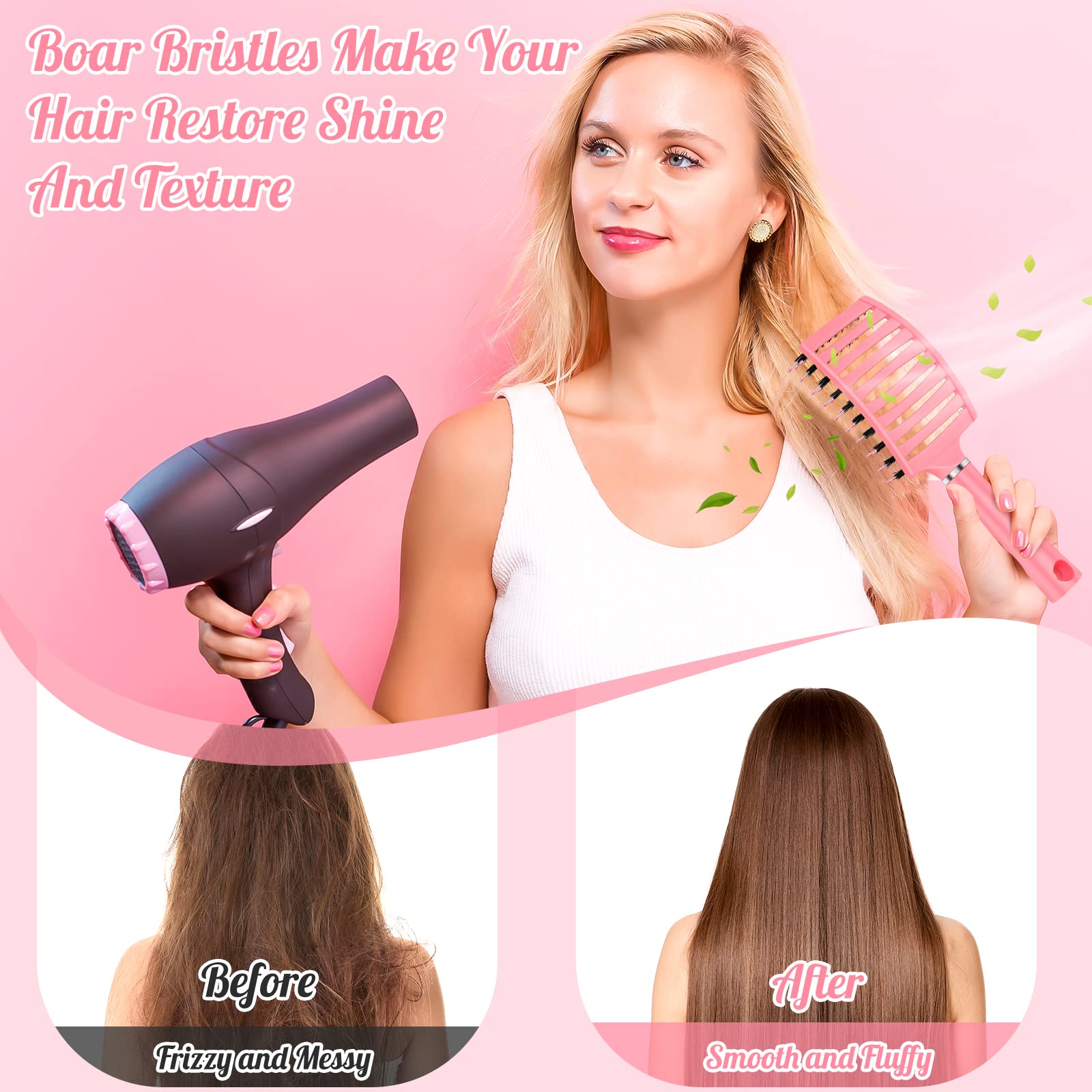 Hair Brush,URTHEONE Detangling Hairbrush Boar Bristle Curved Vented Hair Brush for Women Men Kids Curly Thick Long Short Wet or Dry Hair, Faster Blow Drying(2Pack, Black&Pink)