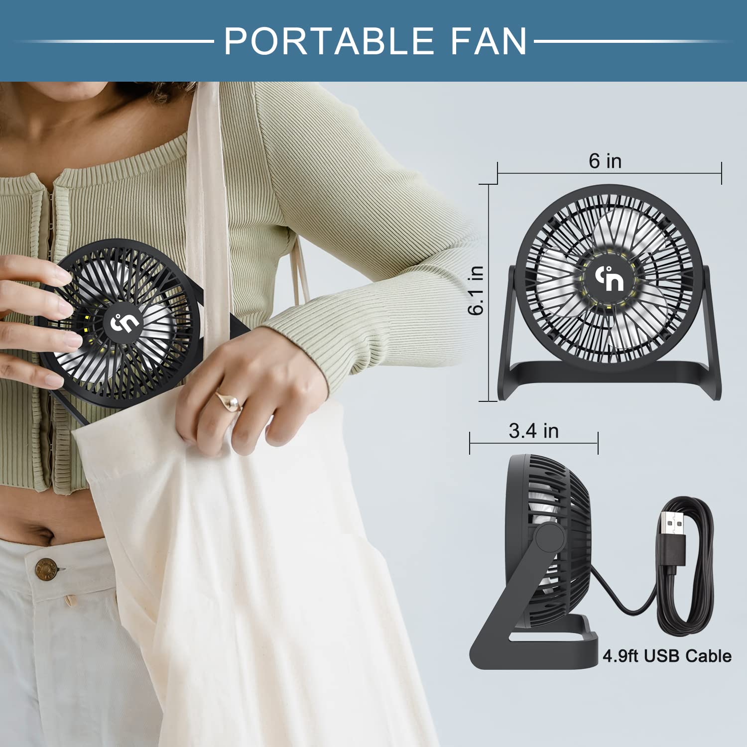 GagetElec USB Desk Fan with LED Night Lights,3 Speed Small Desktop Fan Cooling Table Fan, 360 degreeRotation Strong Wind, Quiet Mini Personal USB Fan for Home Office Desktop '6.1x6x0.26in (T5-04)
