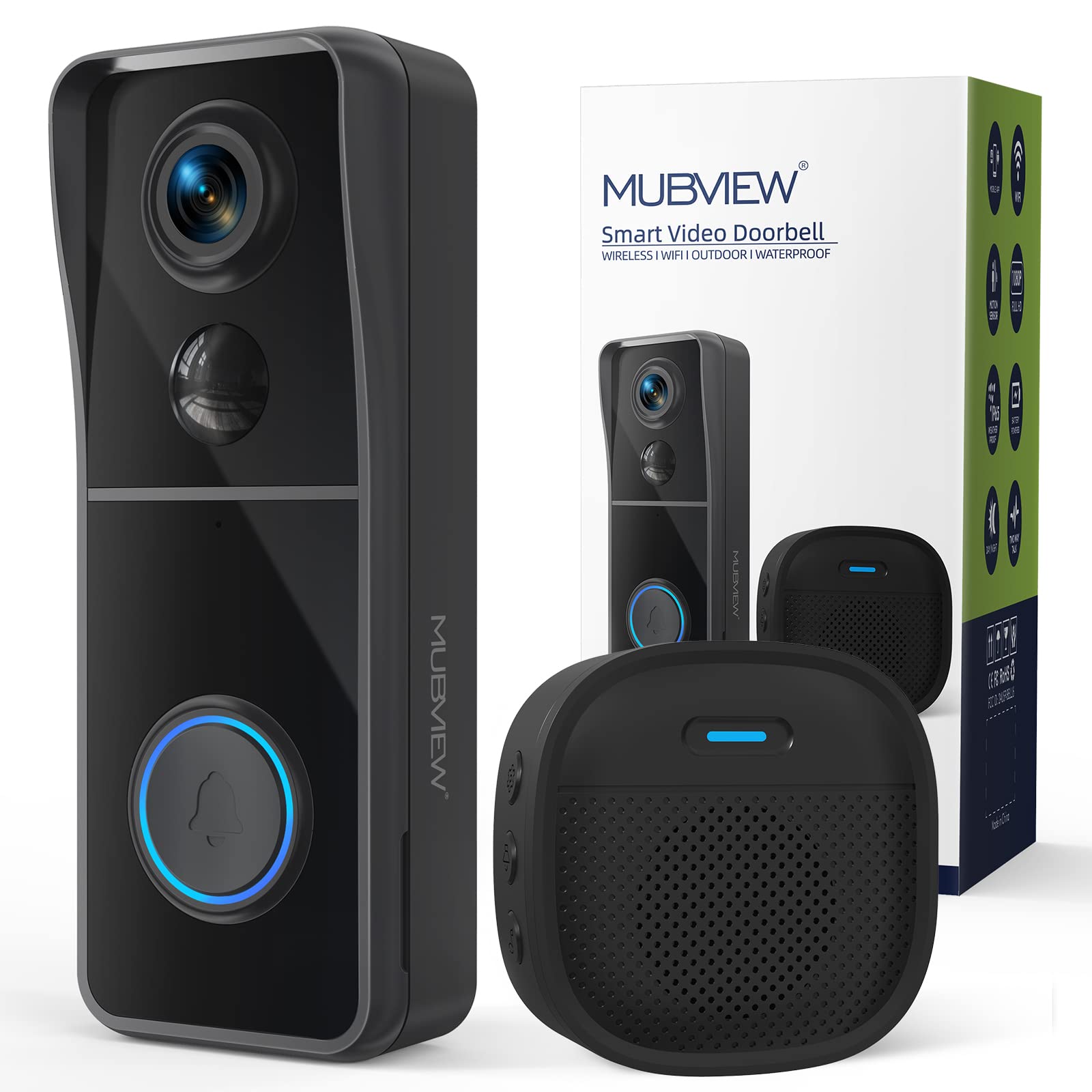 MUBVIEW Doorbell Camera Wireless with Chime, Video Doorbell - No Subscription, Voice Changer, Motion Zones Customization, 1080HD, PIR Human Detection, 2.4Ghz WiFi, Battery-Powered Smart Doorbell