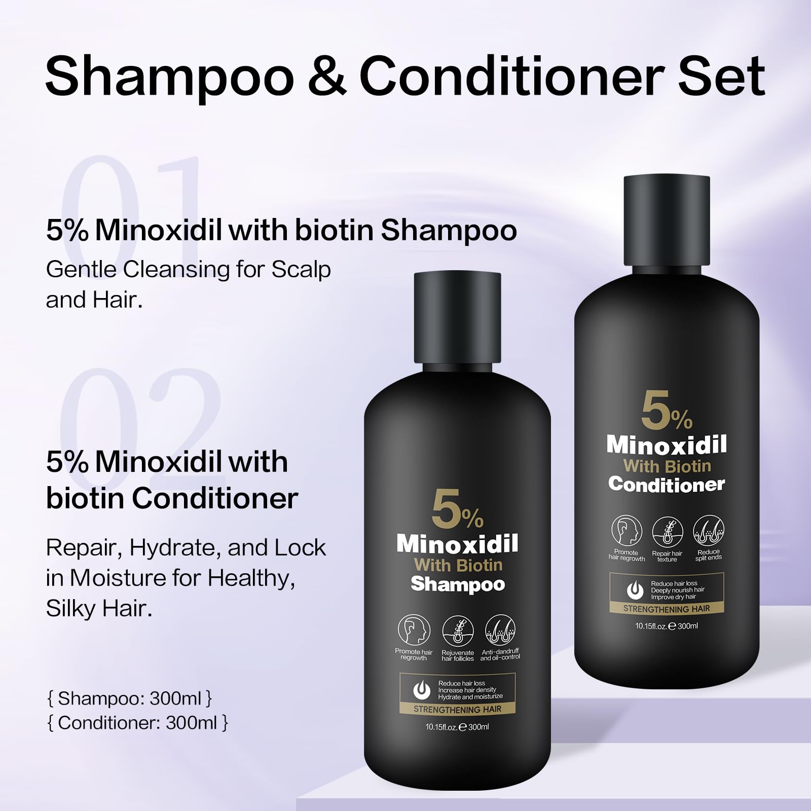 Minoxidil Shampoo & Conditioner Set for Hair Growth – Biotin, Ginseng & Ginger – Supports Thicker, Fuller Hair – Scalp Care Formula – For Men & Women – 600ml Duo