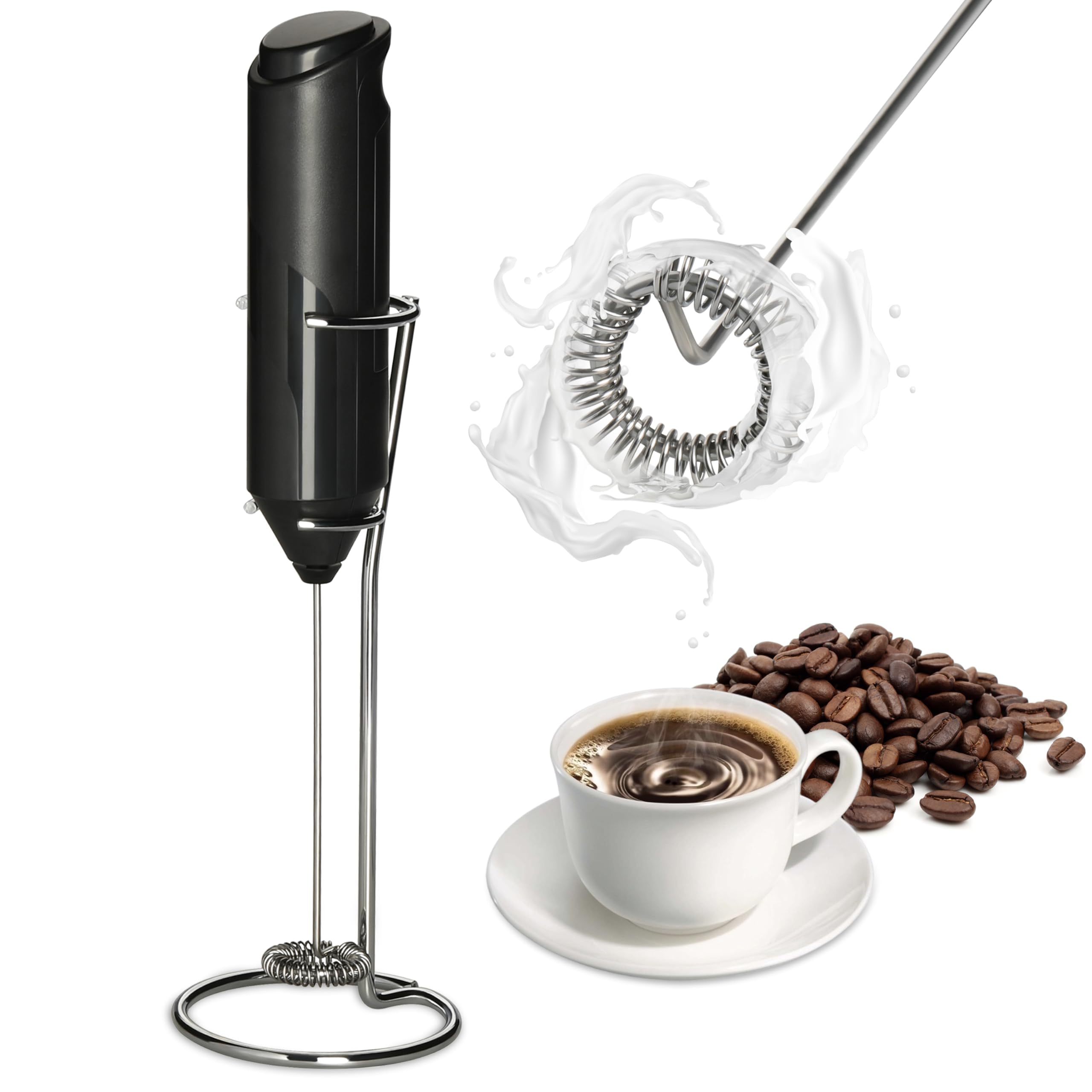 InfiniPower Milk Frother Handheld with Stainless Steel Stand, Battery Operated Whisk Maker Hand Drink Mixer for Lattes, Coffee, Cappuccino, Matcha, Black