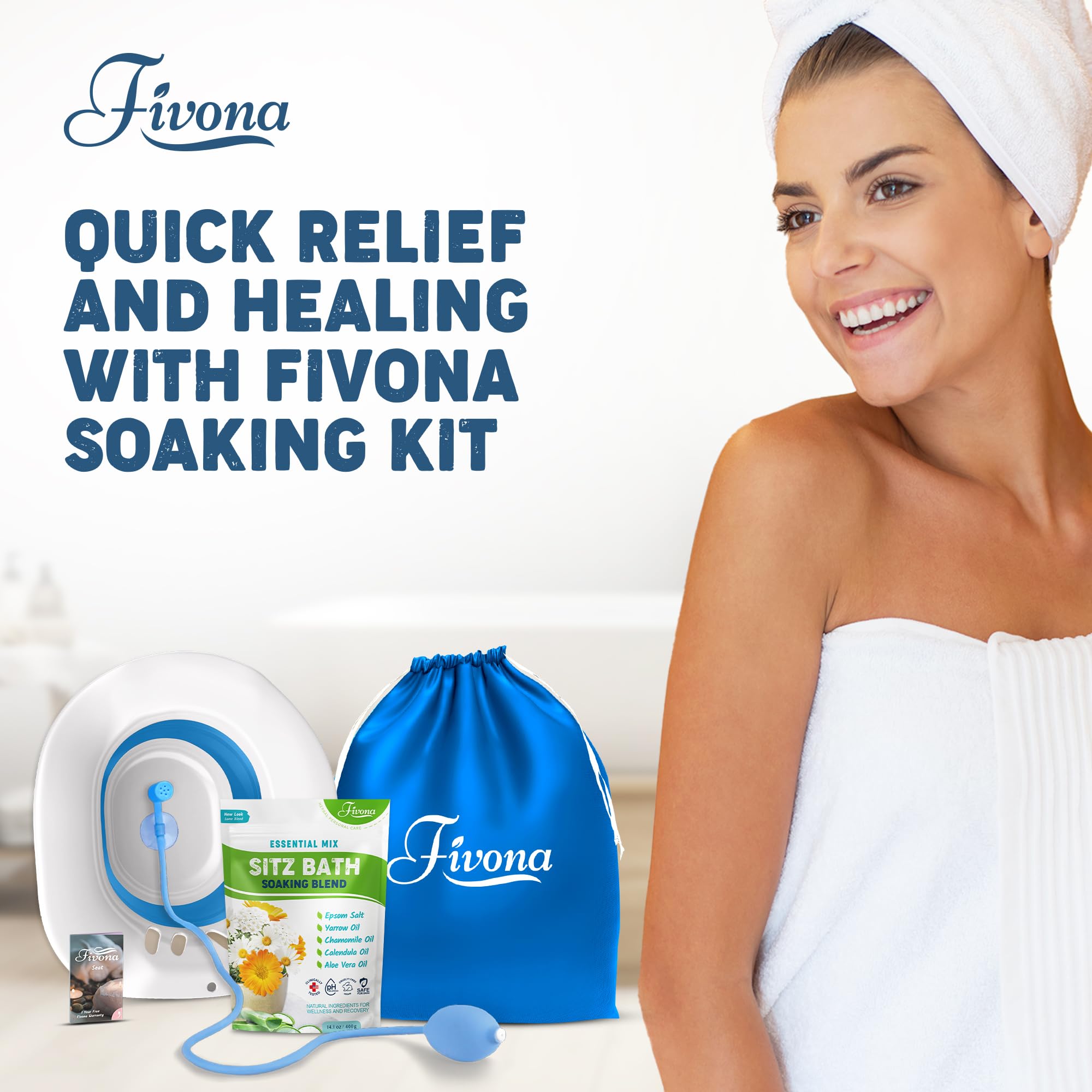 Fivona 4-in-1 Sitz Bath Soak Kit for Hemorrhoids and Postpartum Care 1 Pack of Blend Made of Epsom Salt and Essential Oils Toilet Expandable Seat Storage Bag and Hand Pump for at Home Perineal Soaking