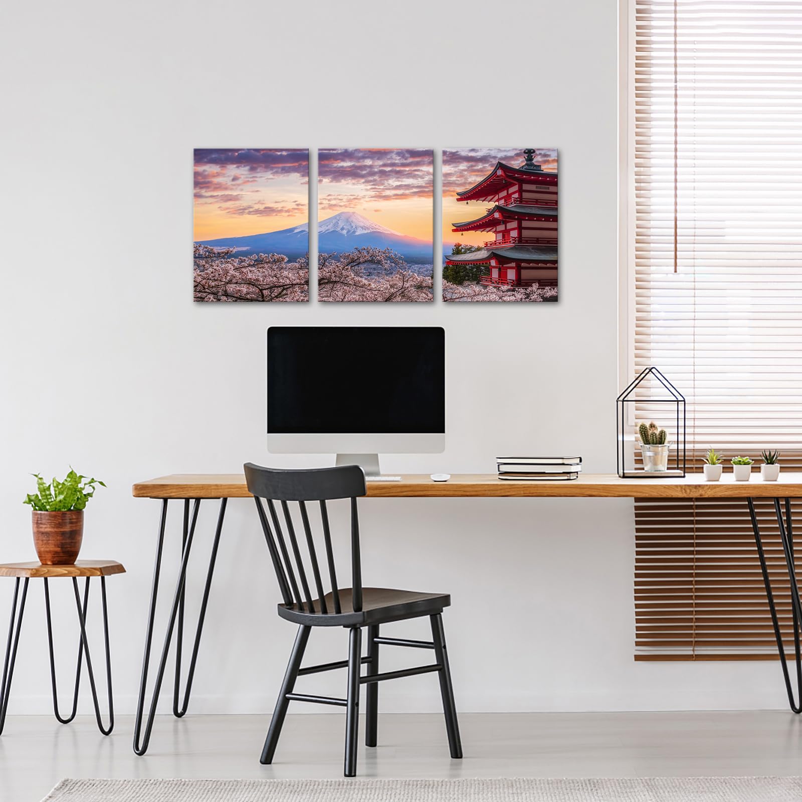 OuElegent Mount Fuji Canvas Wall Art Kyoto Cherry Blossom Japanese Landscape Pictures Print Artwork for Home Office Living Room Decor Framed 12"x16"x3 Pcs (small)