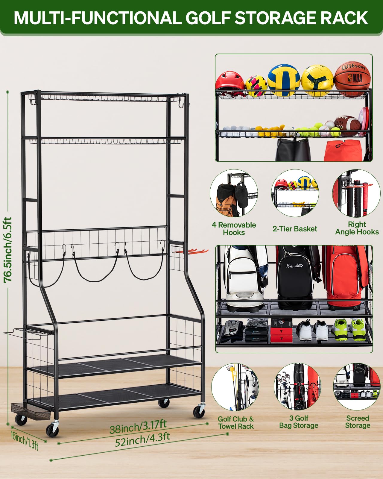 FHXZH Golf Bag Storage Garage Organizer, 3 Golf Bag Stand and Sports Equipment Storage Rack for Garage with Wheels, 4 Hooks, Golf Accessories Storage Rack with Extra Golf Clubs Display Rack
